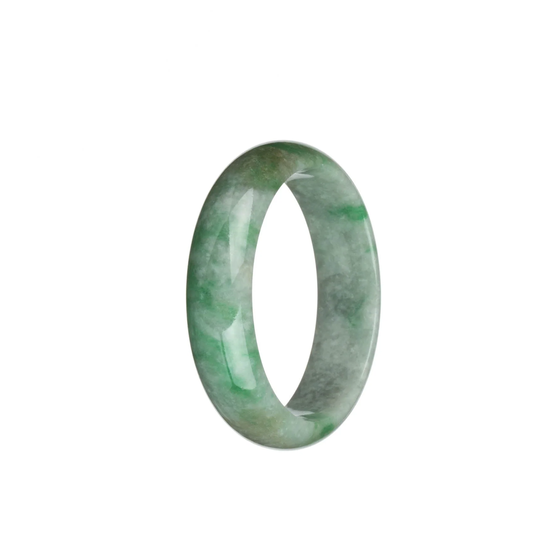 Genuine Natural Light Grey with Emerald Green Patterns and Light Brown Patches Traditional Jade Bangle Bracelet - 51mm Half Moon