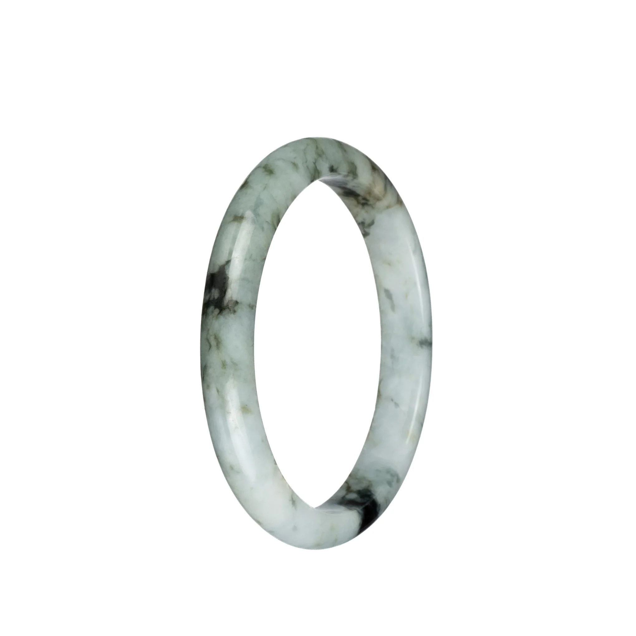 Genuine Type A Greyish White with Black and Olive Green Patterns Burma Jade Bangle - 58mm Semi Round - Image 2