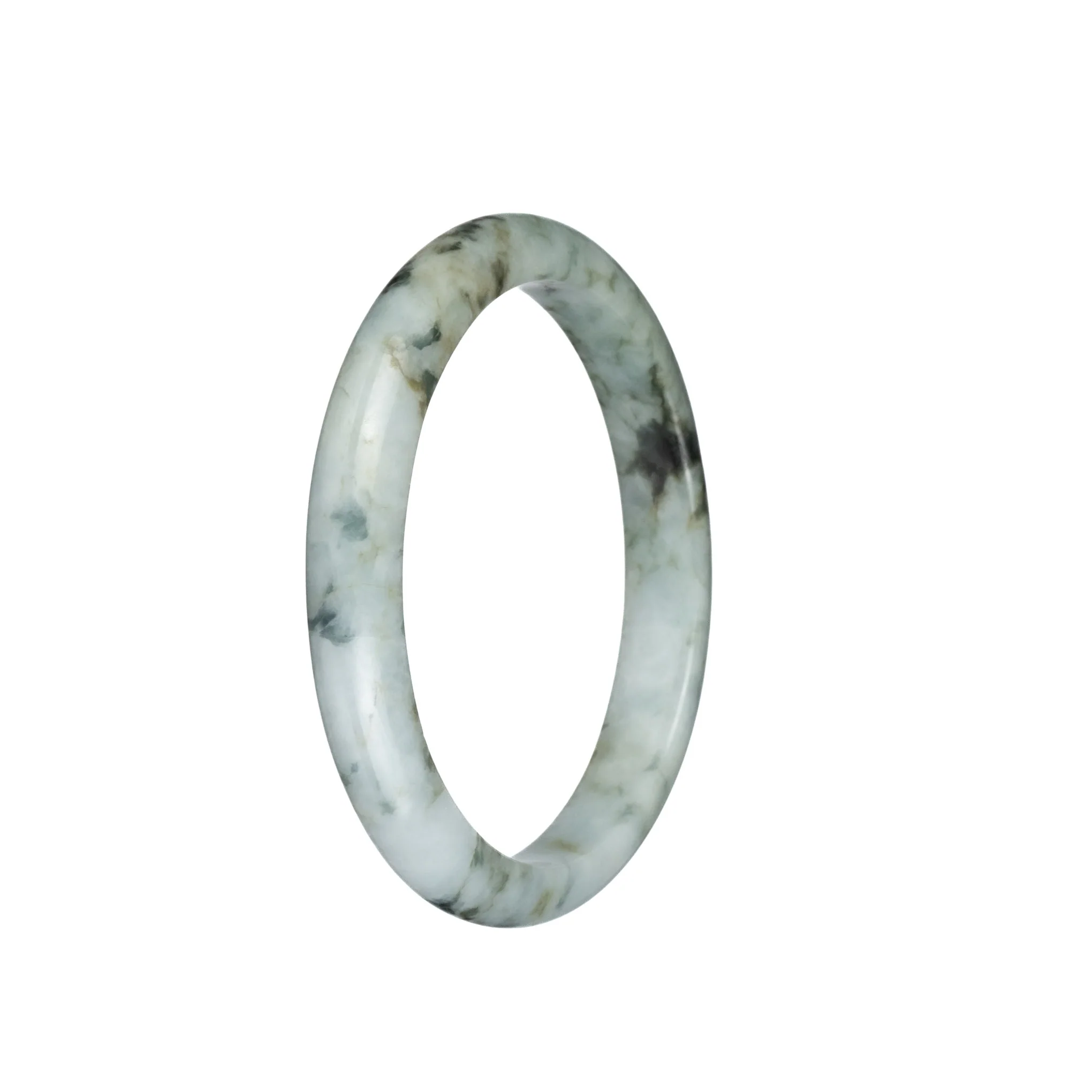 Genuine Type A Greyish White with Black and Olive Green Patterns Burma Jade Bangle - 58mm Semi Round - Image 3