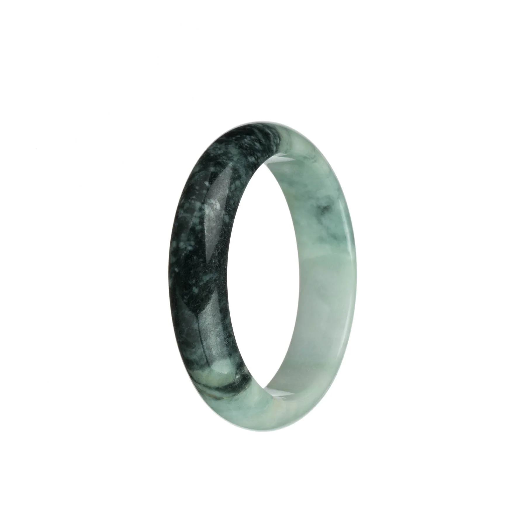 Genuine Type A Light Green with Black Jade Bangle - 53mm Half Moon