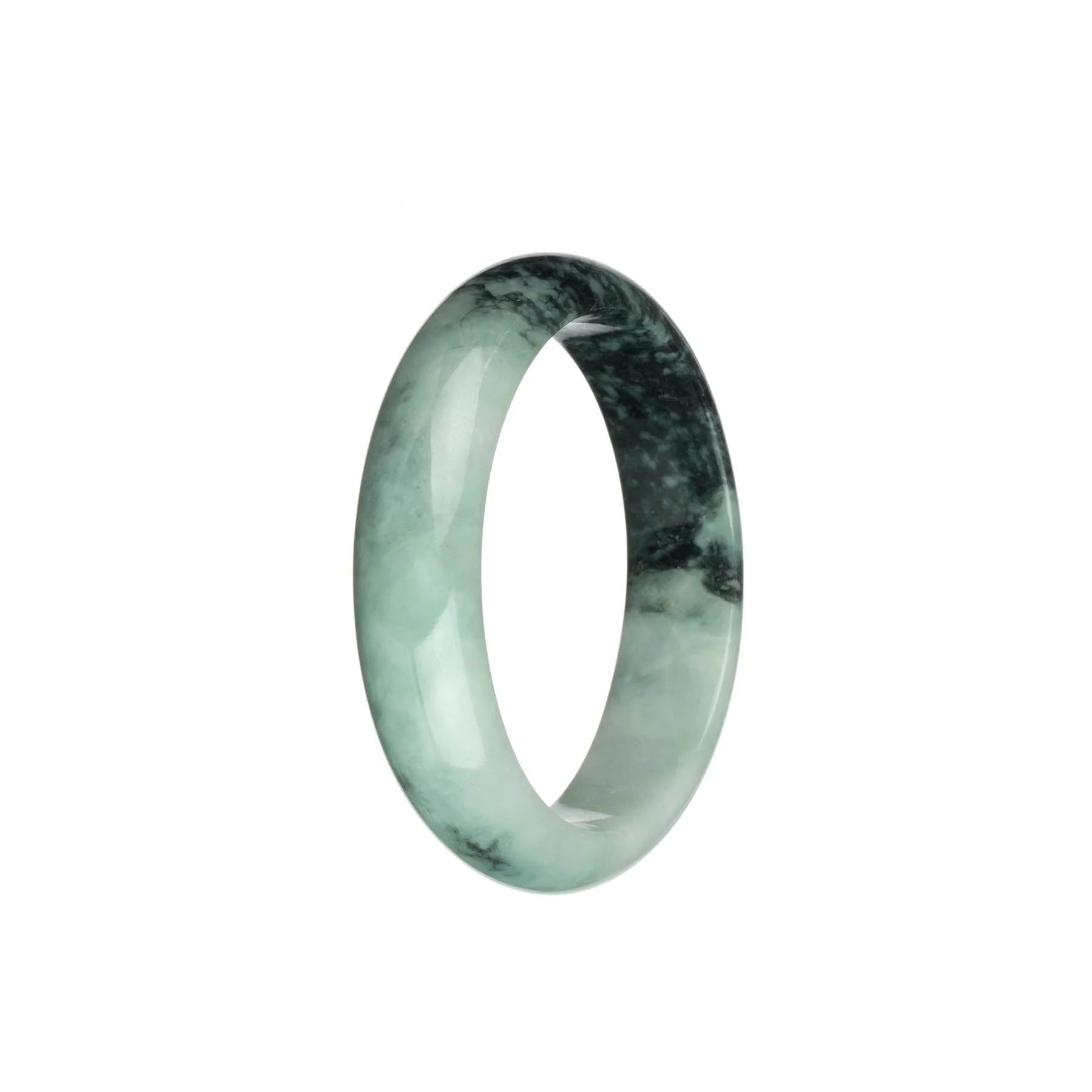 Genuine Type A Light Green with Black Jade Bangle - 53mm Half Moon - Image 3