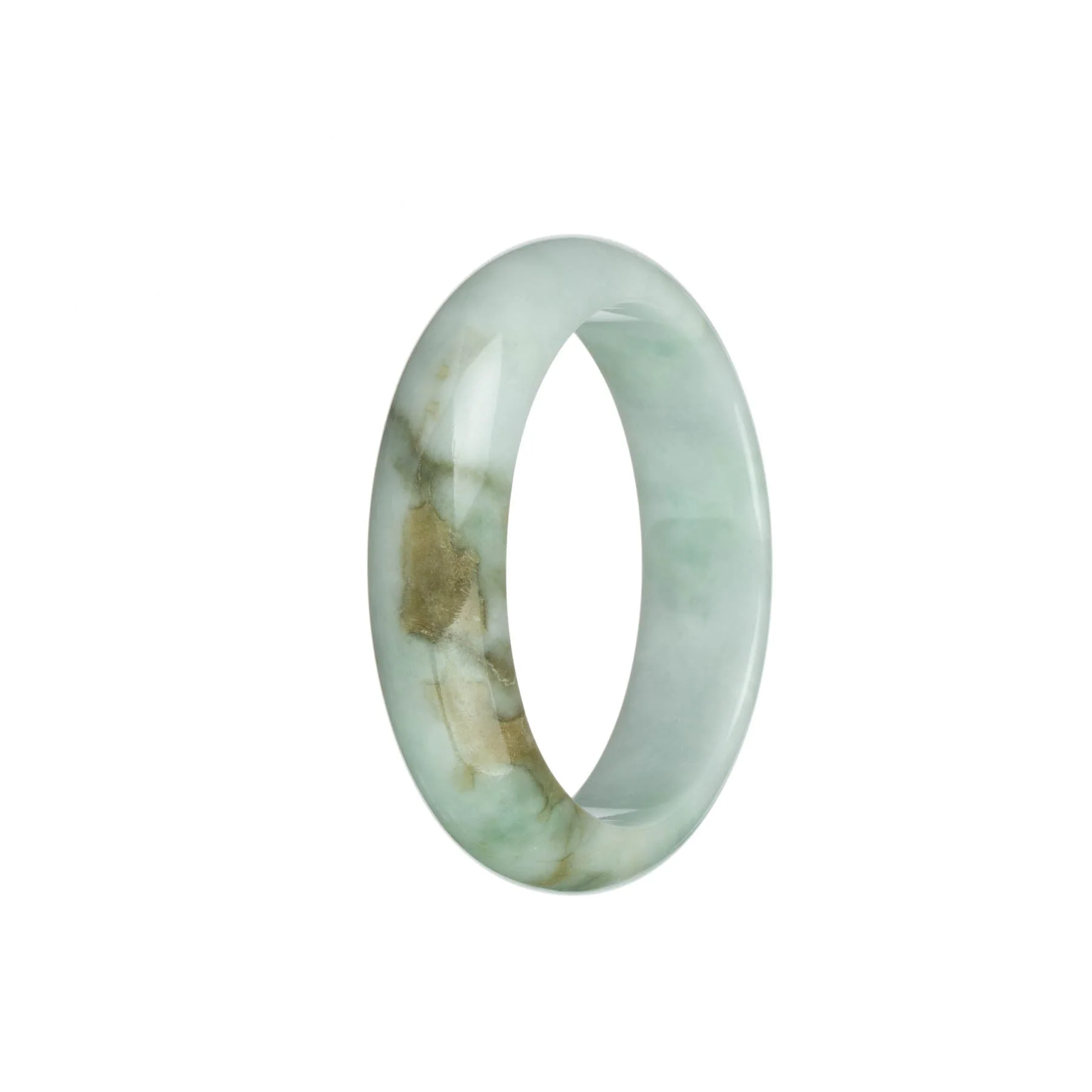 Genuine Untreated White and Light Green with Brown Patterns Jadeite Jade Bracelet - 54mm Half Moon