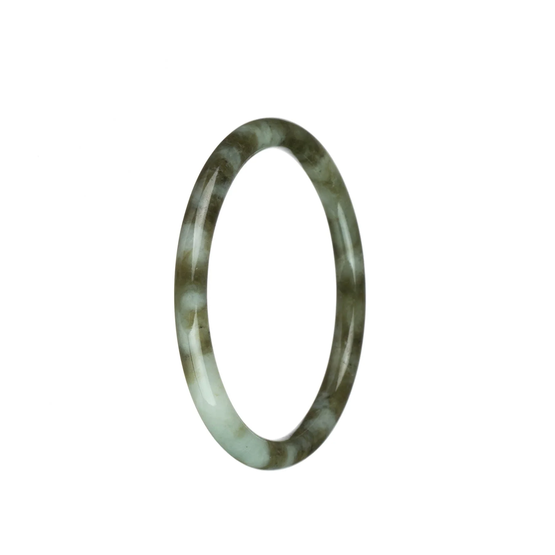 Genuine Untreated White with Olive Green and Brown Patters Jade Bangle - 60mm Petite Round
