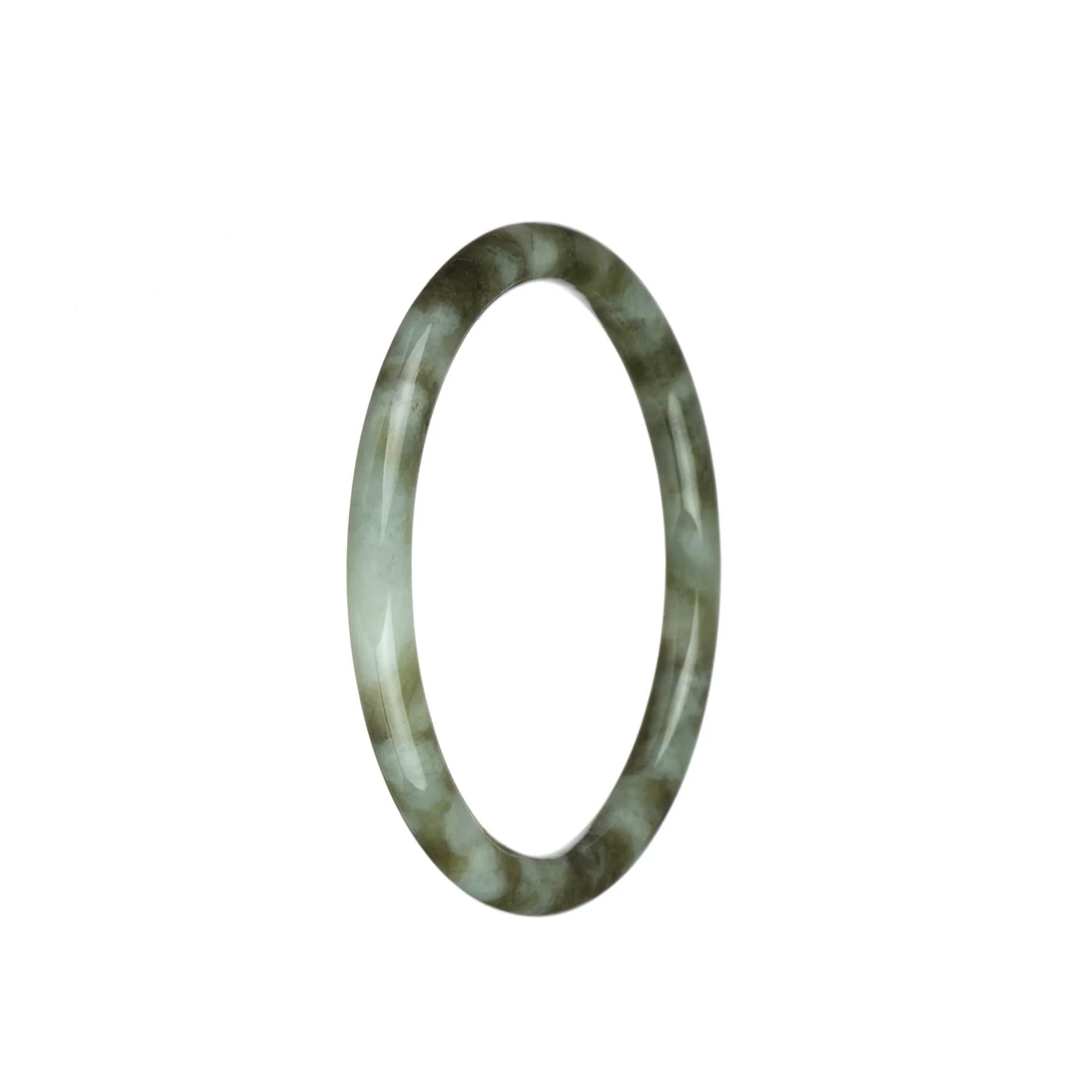 Genuine Untreated White with Olive Green and Brown Patters Jade Bangle - 60mm Petite Round - Image 2