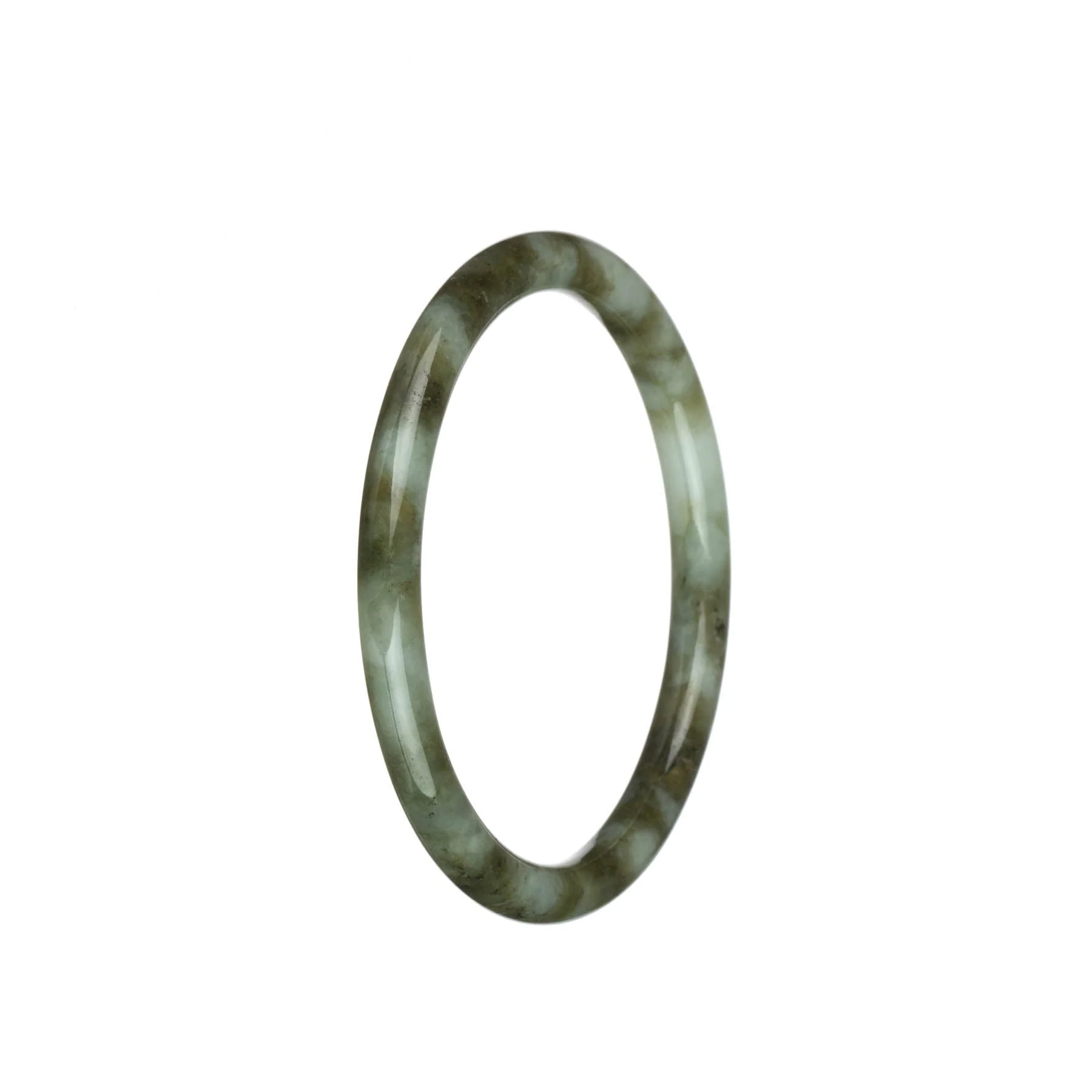 Genuine Untreated White with Olive Green and Brown Patters Jade Bangle - 60mm Petite Round - Image 3