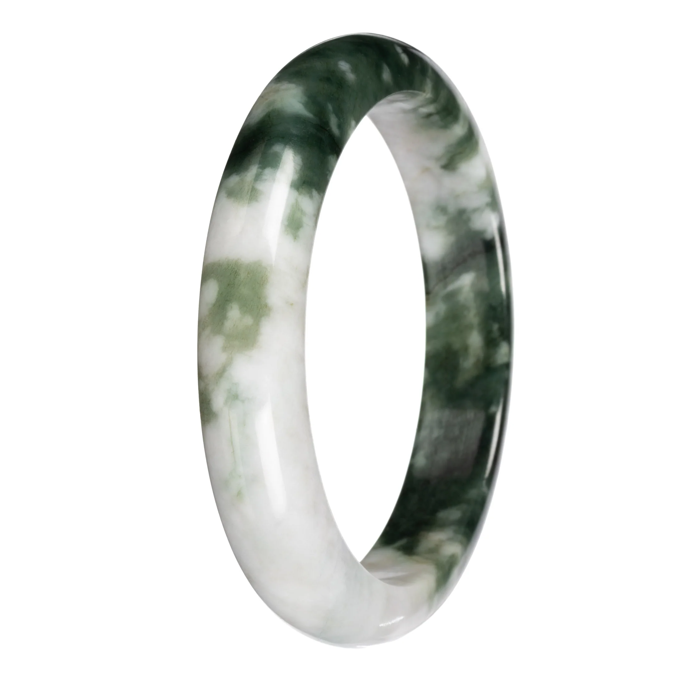 Genuine White with Deep Green Pattern Deep Green with White Section Burma Jade Bangle Bracelet - 67mm Half Moon - Image 2