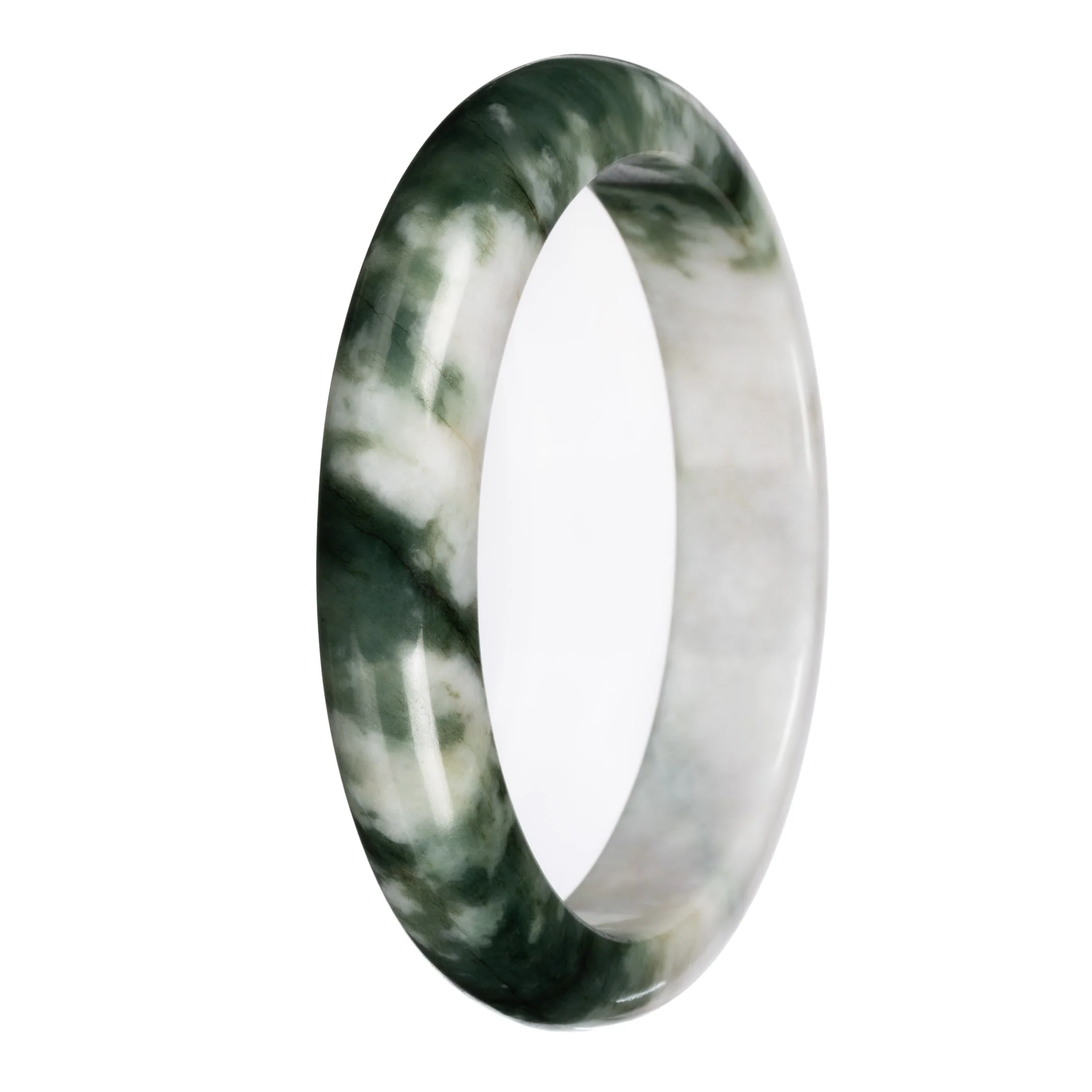 Genuine White with Deep Green Pattern Deep Green with White Section Burma Jade Bangle Bracelet - 67mm Half Moon - Image 3