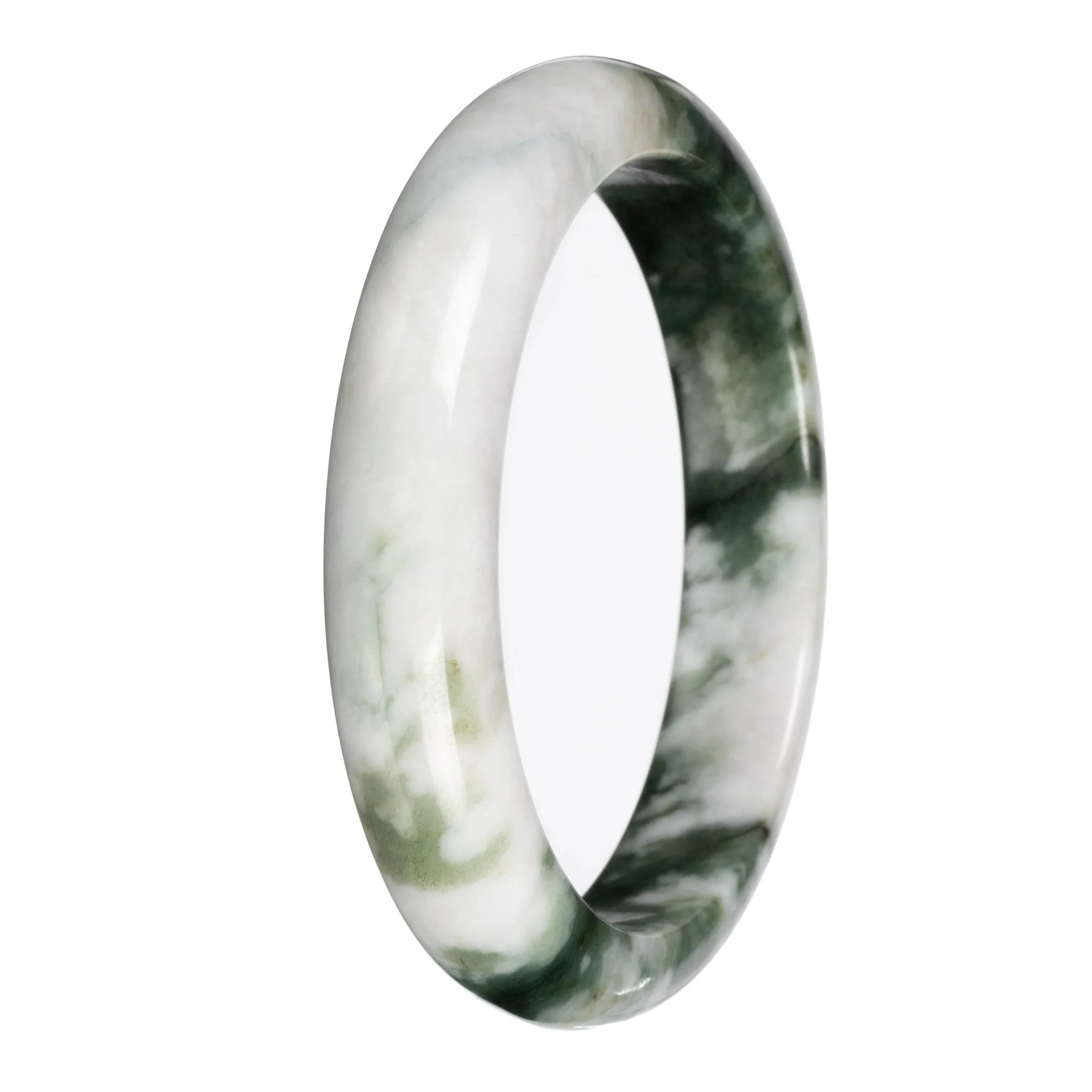 Genuine White with Deep Green Pattern Deep Green with White Section Burma Jade Bangle Bracelet - 67mm Half Moon - Image 4