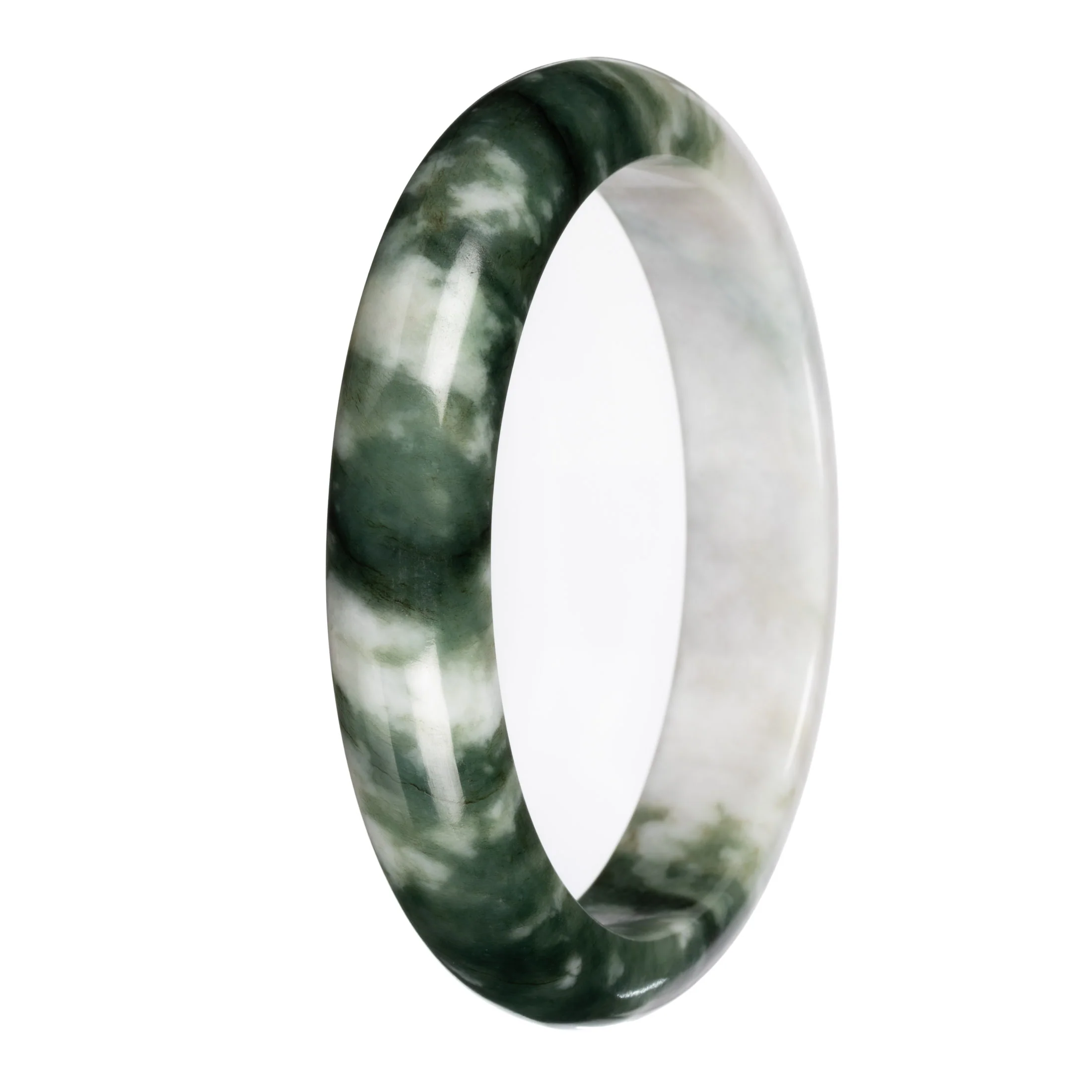 Genuine White with Deep Green Pattern Deep Green with White Section Burma Jade Bangle Bracelet - 67mm Half Moon - Image 5