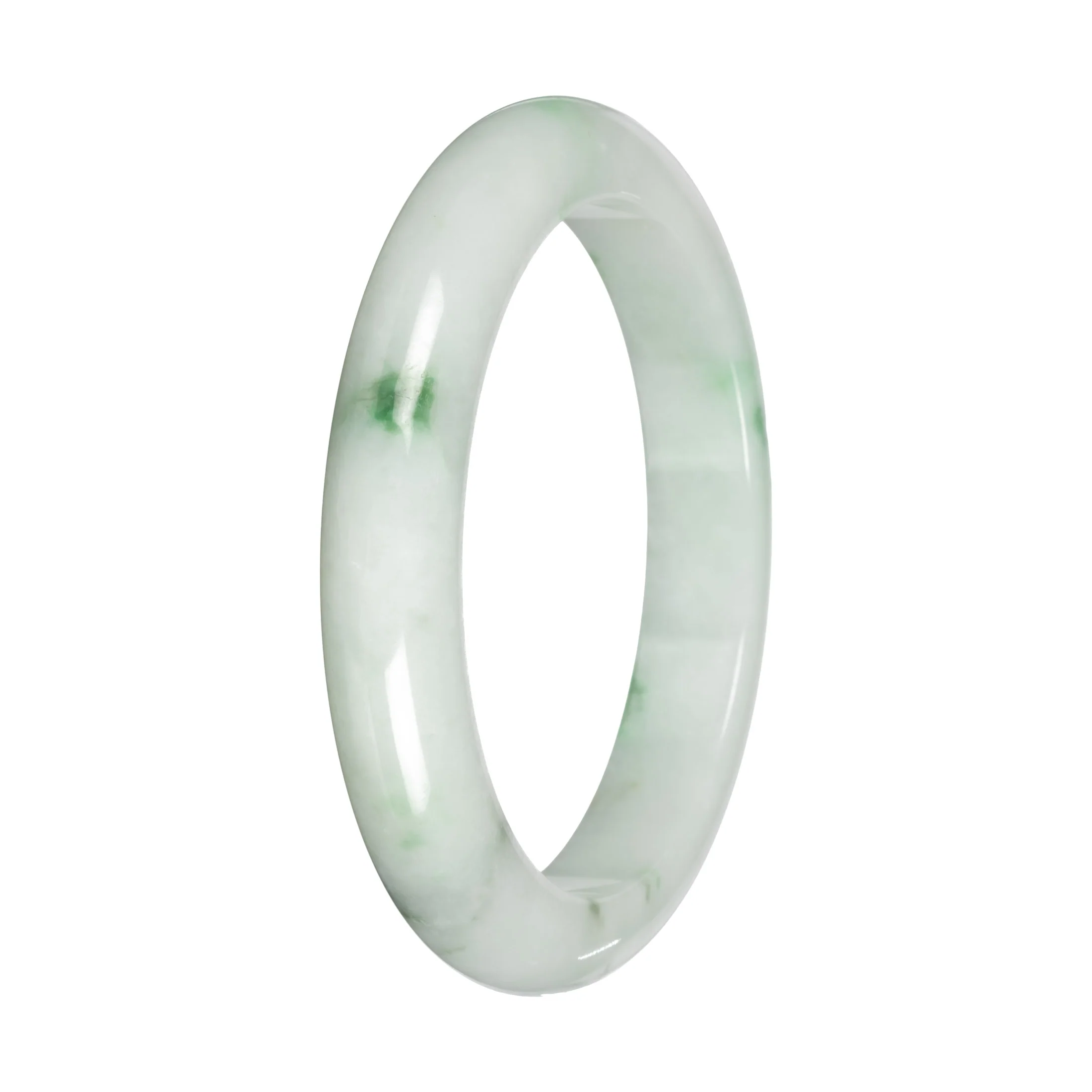 Genuine White with Green Pattern and Apple Green Patches Burmese Jade Bangle - 59mm Half Moon - Image 2
