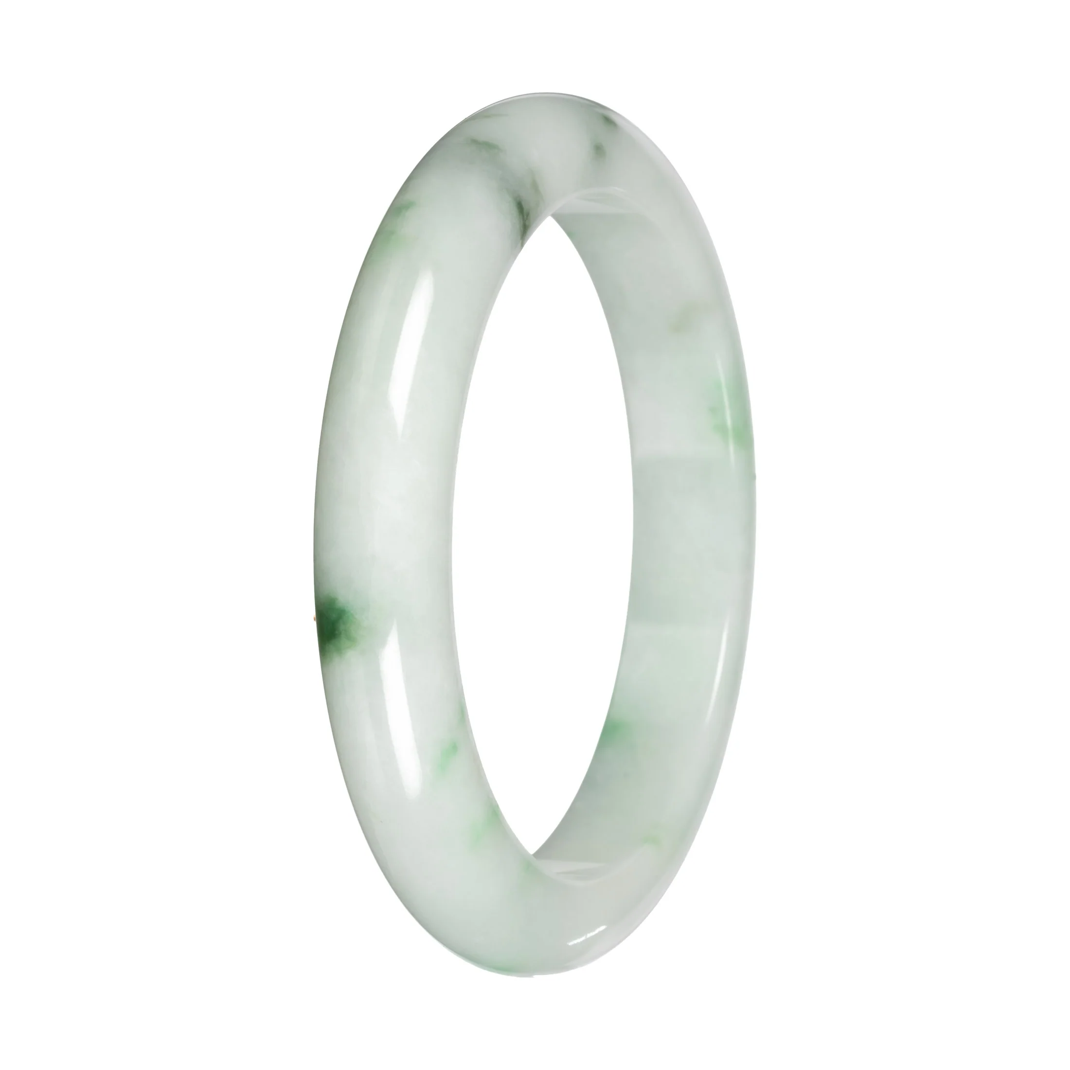 Genuine White with Green Pattern and Apple Green Patches Burmese Jade Bangle - 59mm Half Moon - Image 3