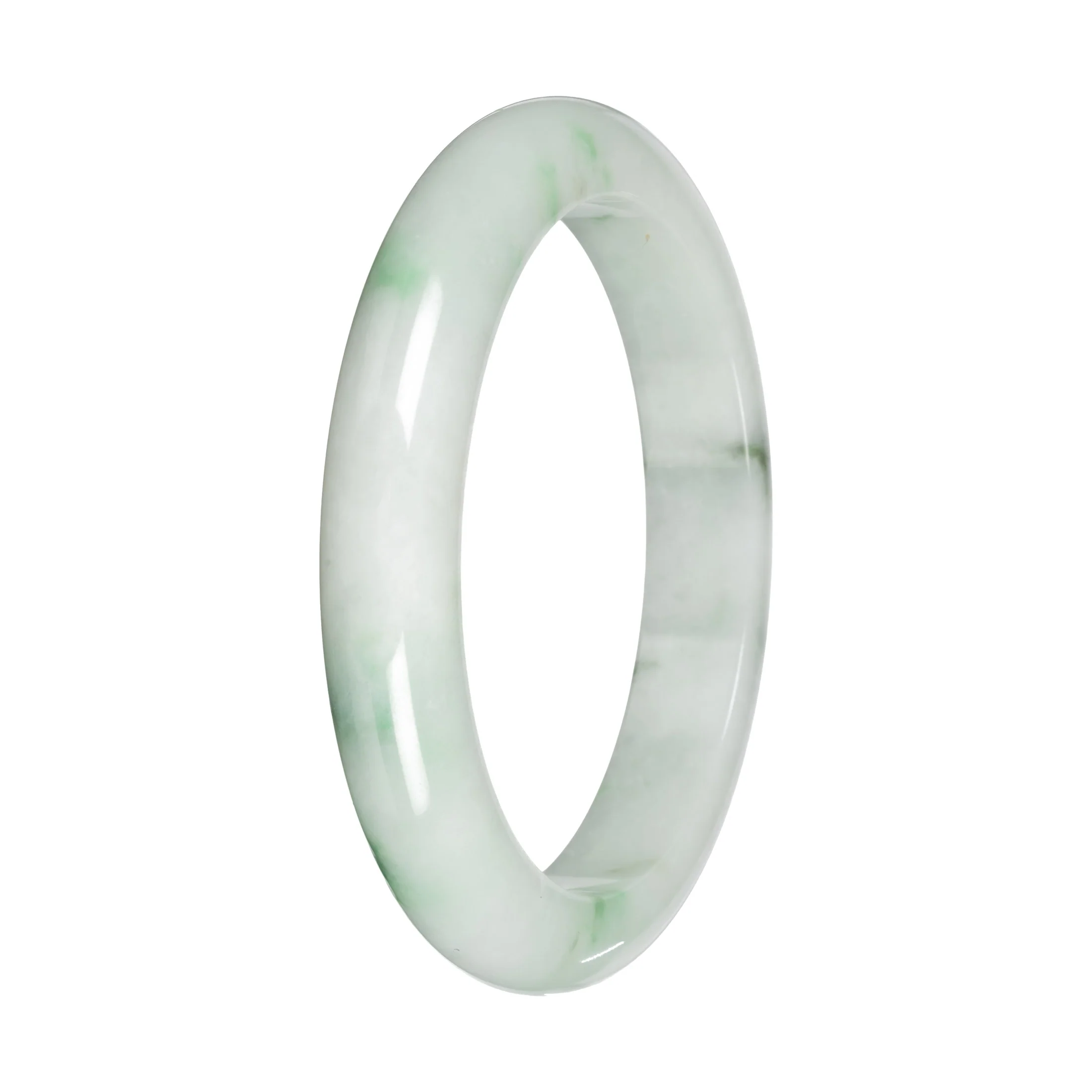 Genuine White with Green Pattern and Apple Green Patches Burmese Jade Bangle - 59mm Half Moon - Image 4