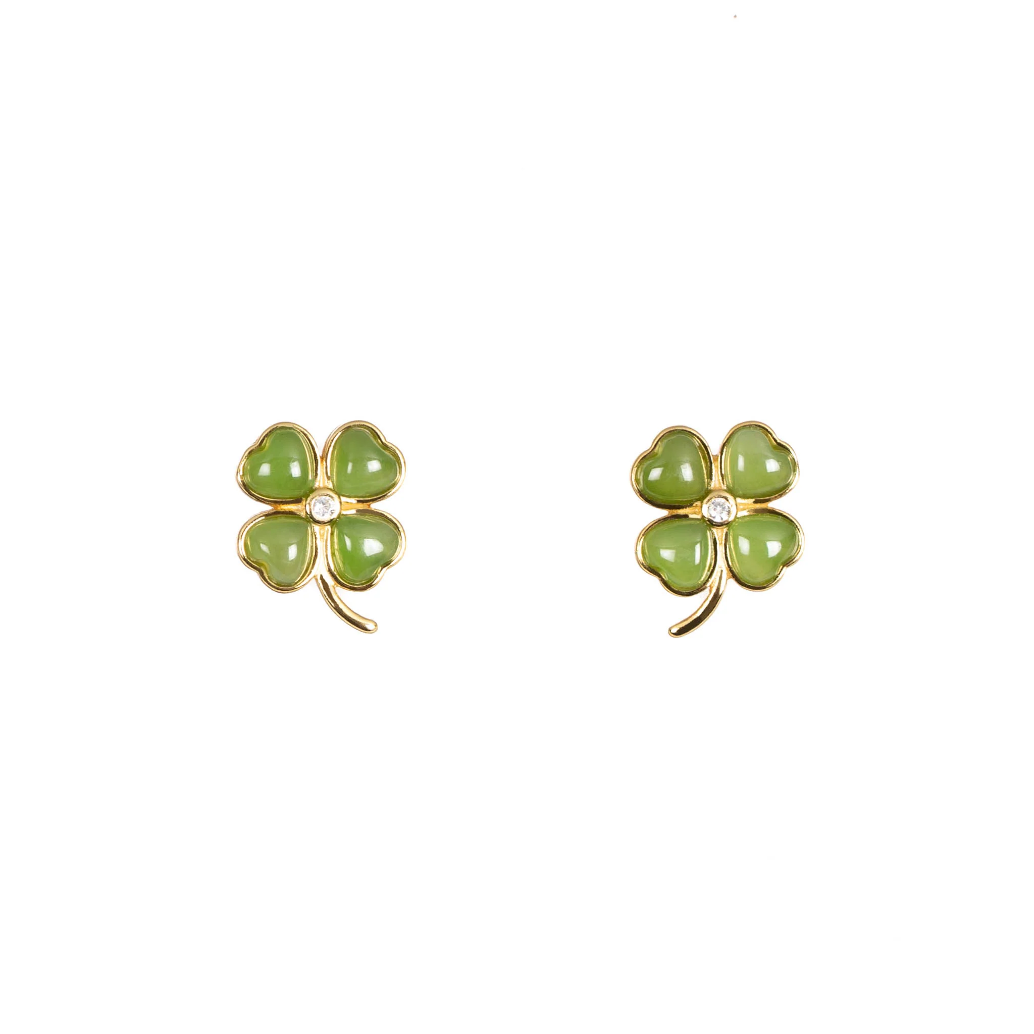 Golden Jade Clover Studs – Green Jade Heart Petal Earrings in Gold Vermeil