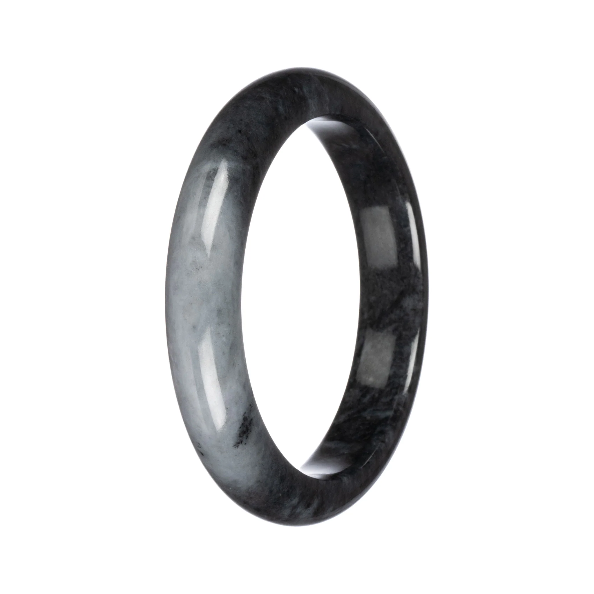Grade A Black with Grey Patch Traditional Jade Bangle - 64mm Half Moon - Image 2