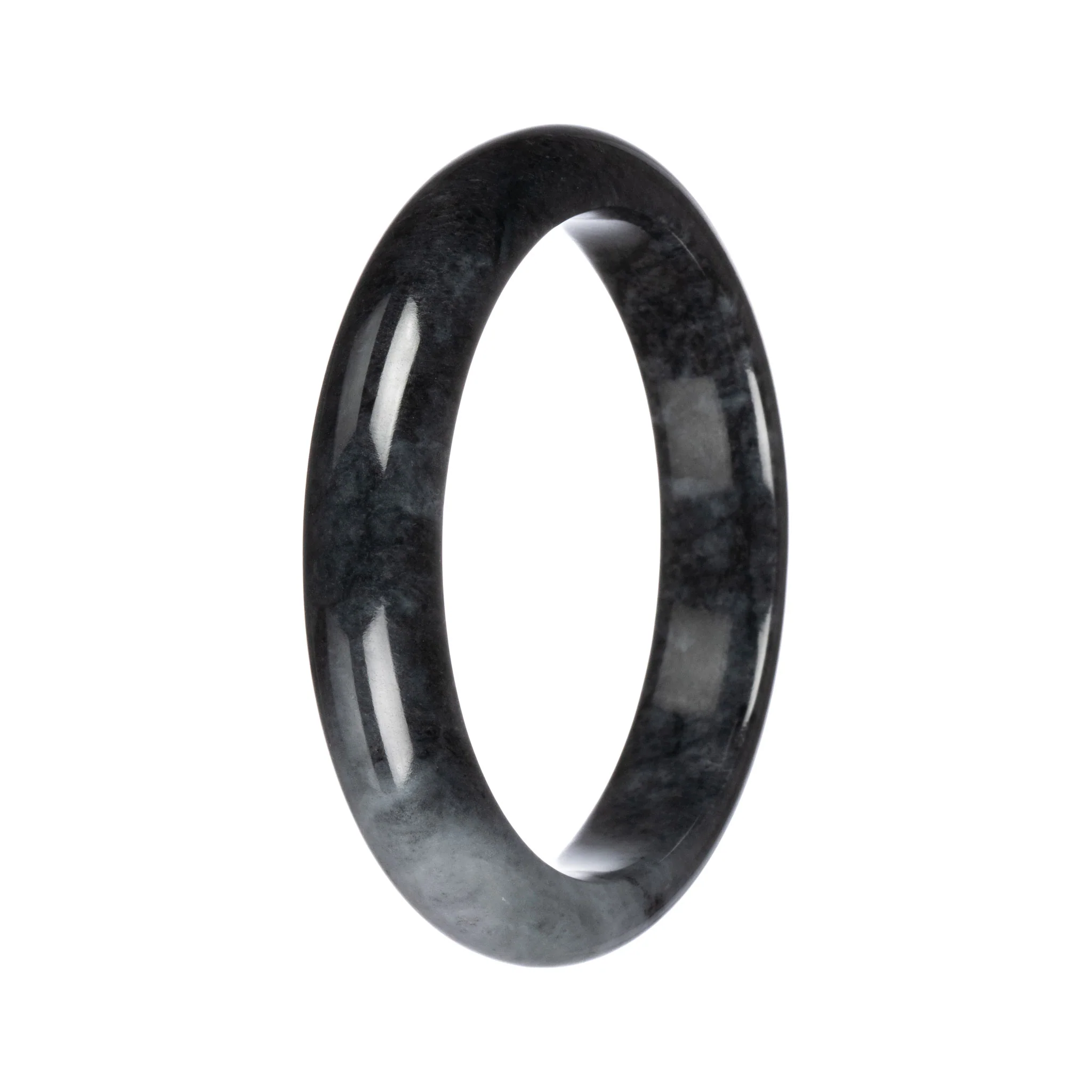 Grade A Black with Grey Patch Traditional Jade Bangle - 64mm Half Moon - Image 3