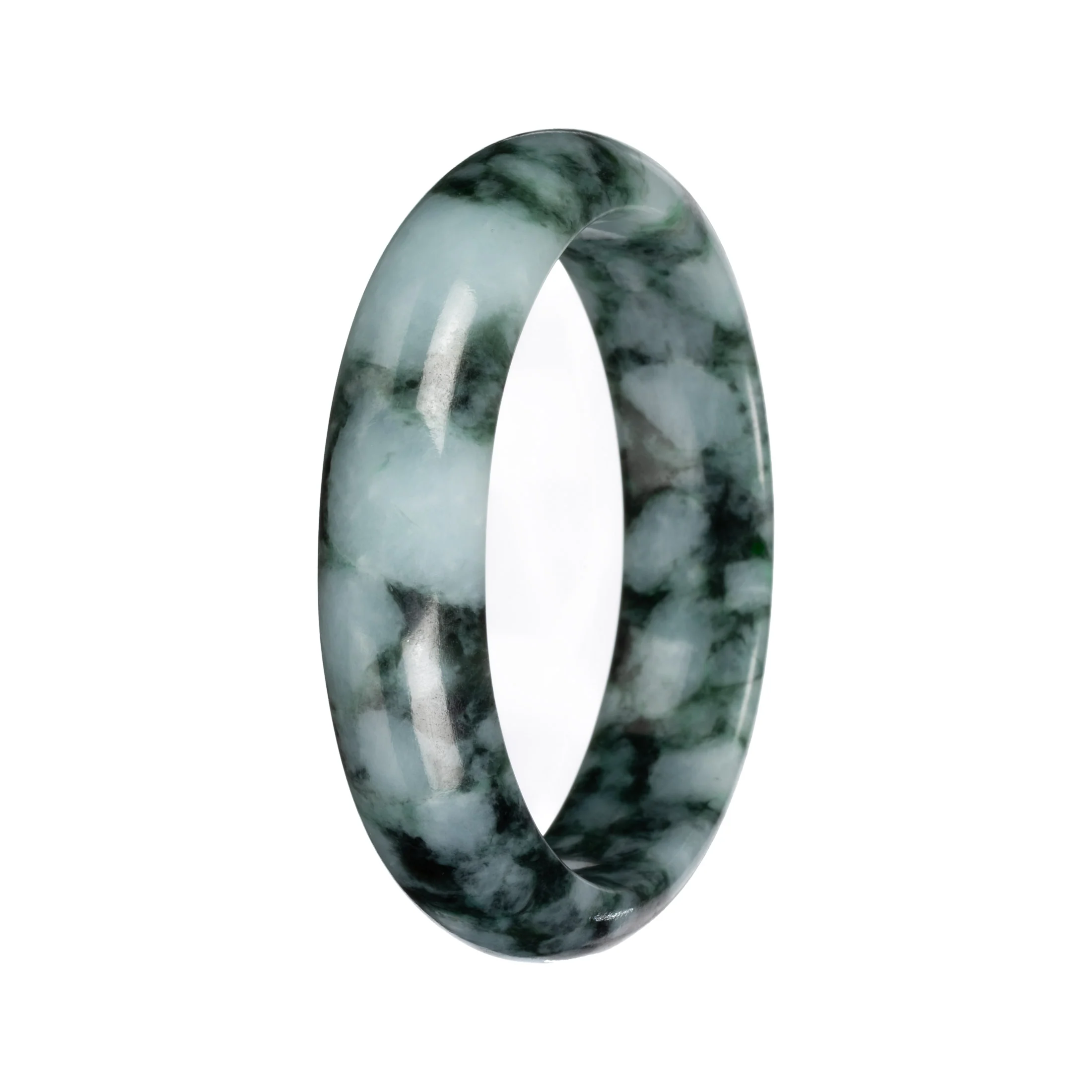 Grade A Green with Deep Green Pattern Burmese Jade Bangle Bracelet - 53mm Half Moon