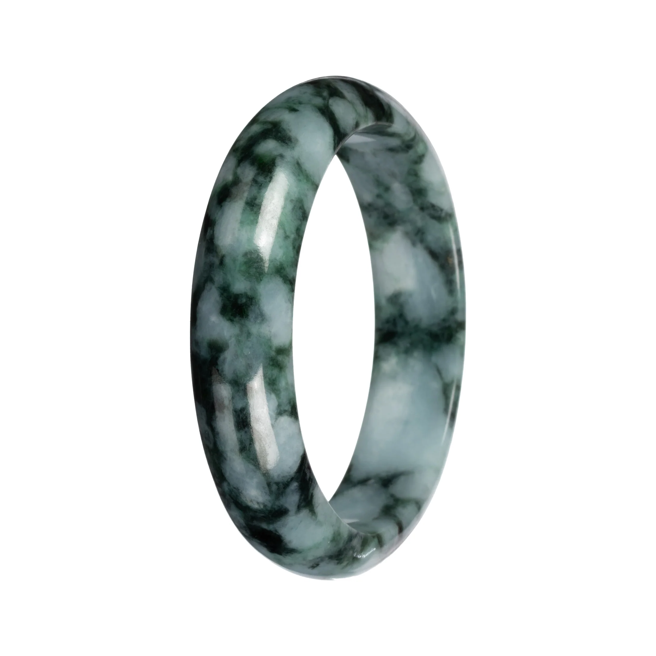 Grade A Green with Deep Green Pattern Burmese Jade Bangle Bracelet - 53mm Half Moon - Image 3