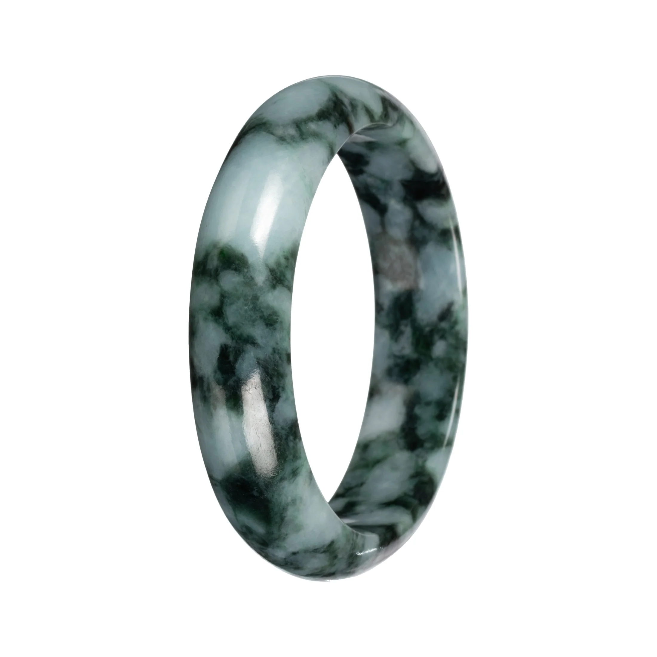 Grade A Green with Deep Green Pattern Burmese Jade Bangle Bracelet - 53mm Half Moon - Image 4