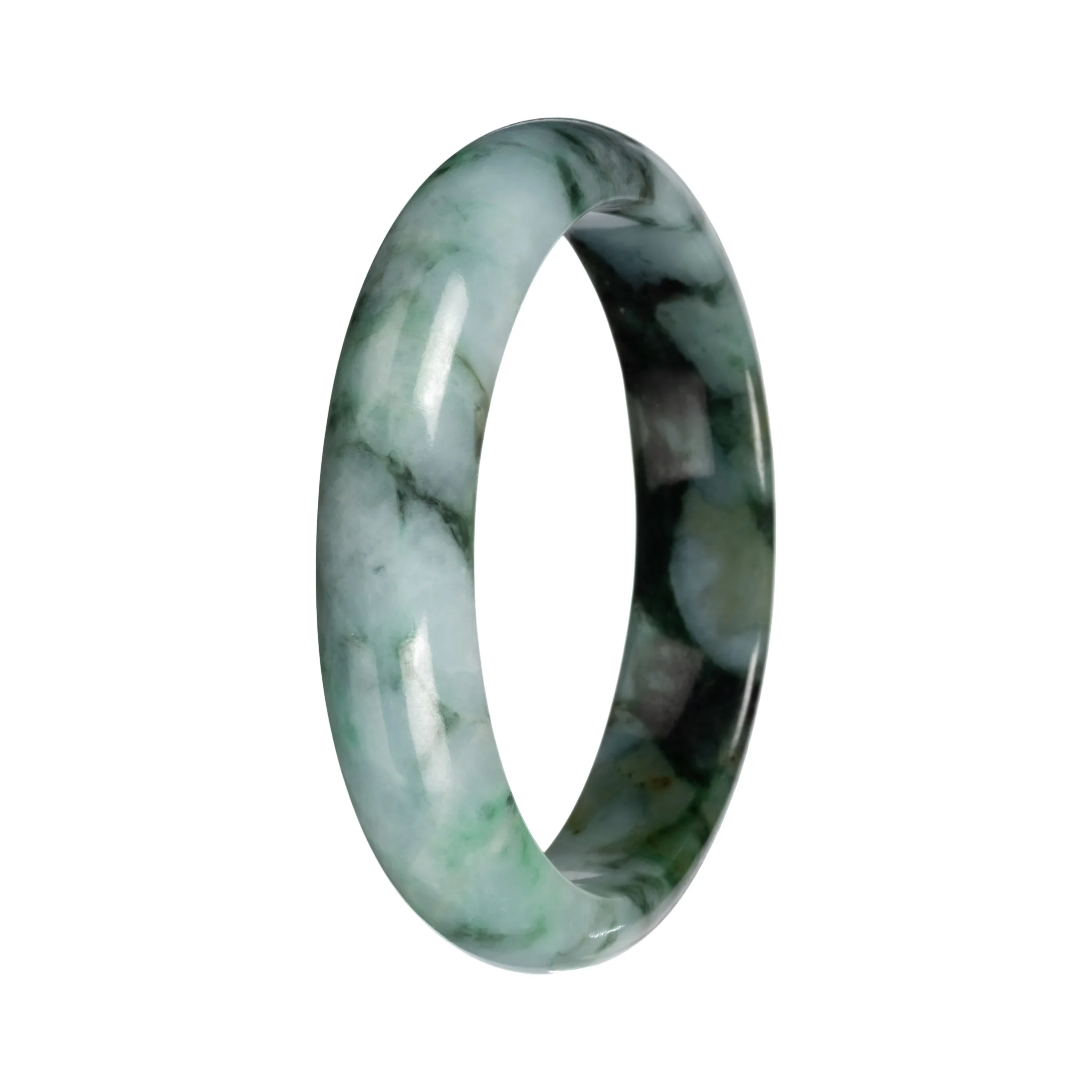 Grade A Green with Deep Green Pattern Jadeite Bangle Bracelet - 54mm Half Moon - Image 2