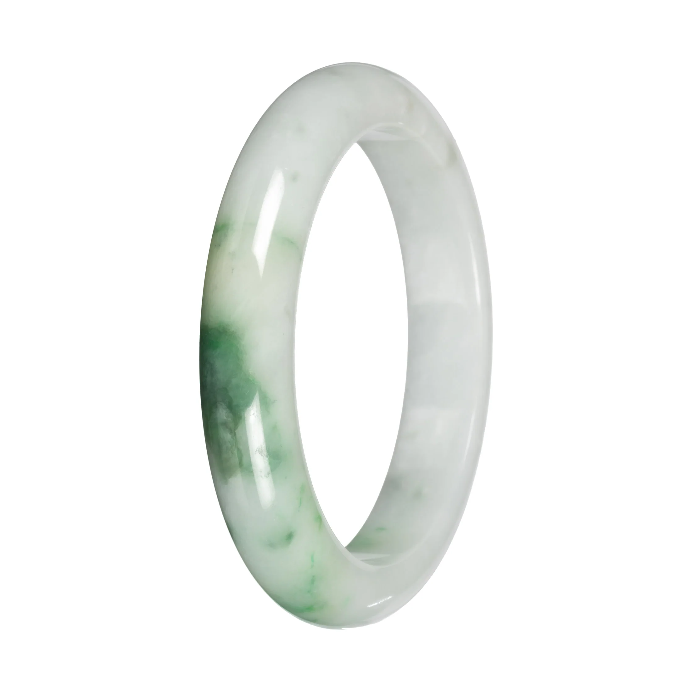 Grade A White with Apple Green Pattern Traditional Jade Bangle - 55mm Half Moon - Image 3