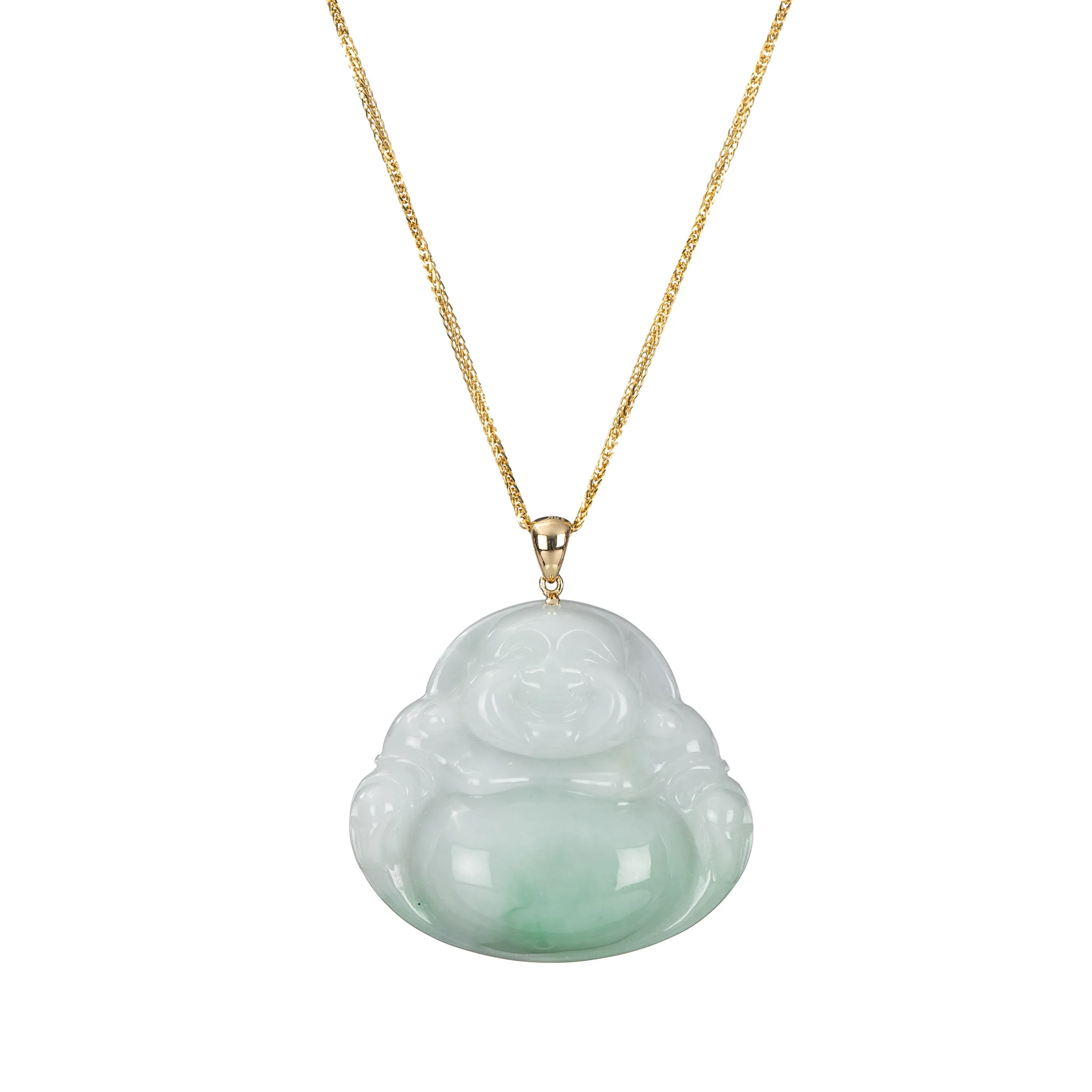Green and White Laughing Buddha Jade Pendant