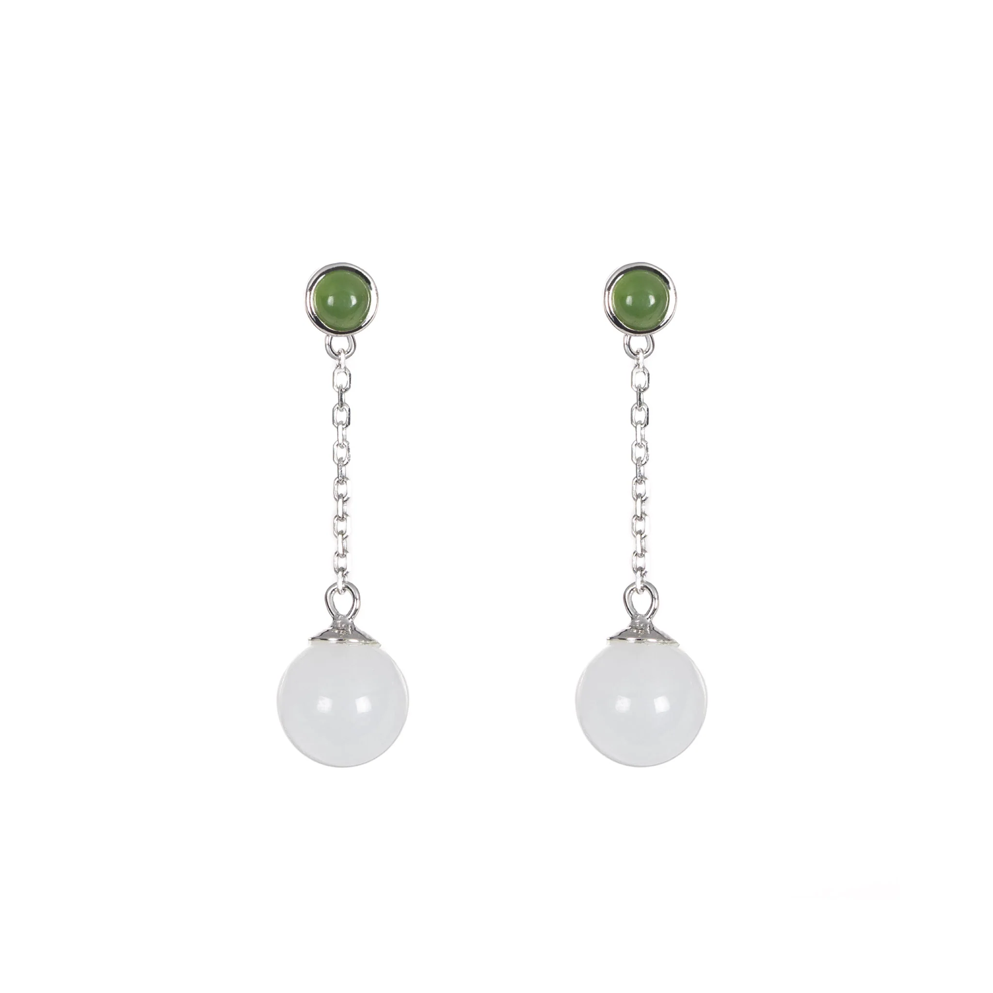 Harmony Bead – Green and White Jade Bead Drop Earrings in Sterling Silver