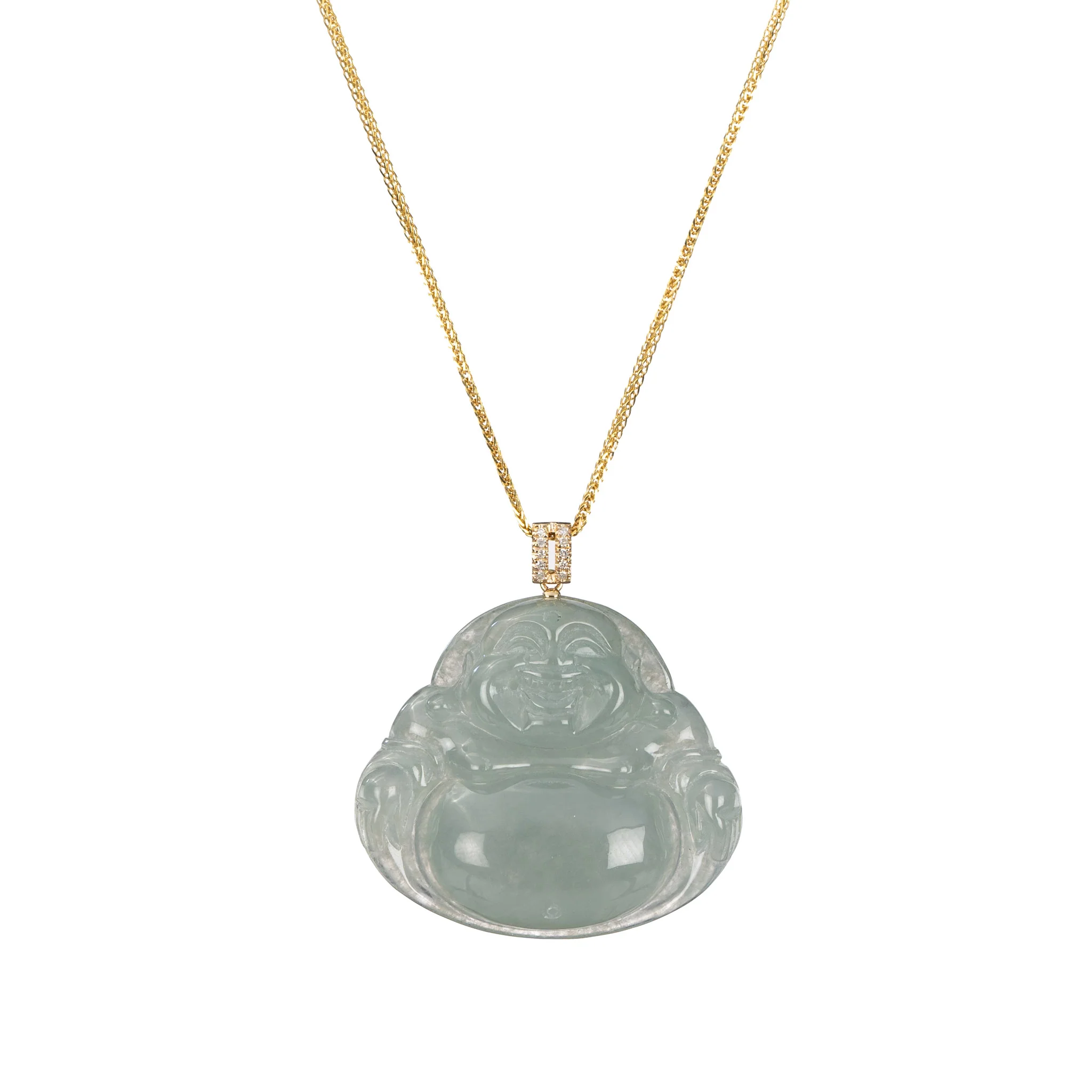 Highly Translucent Greyish Green Laughing Buddha Jade Pendant