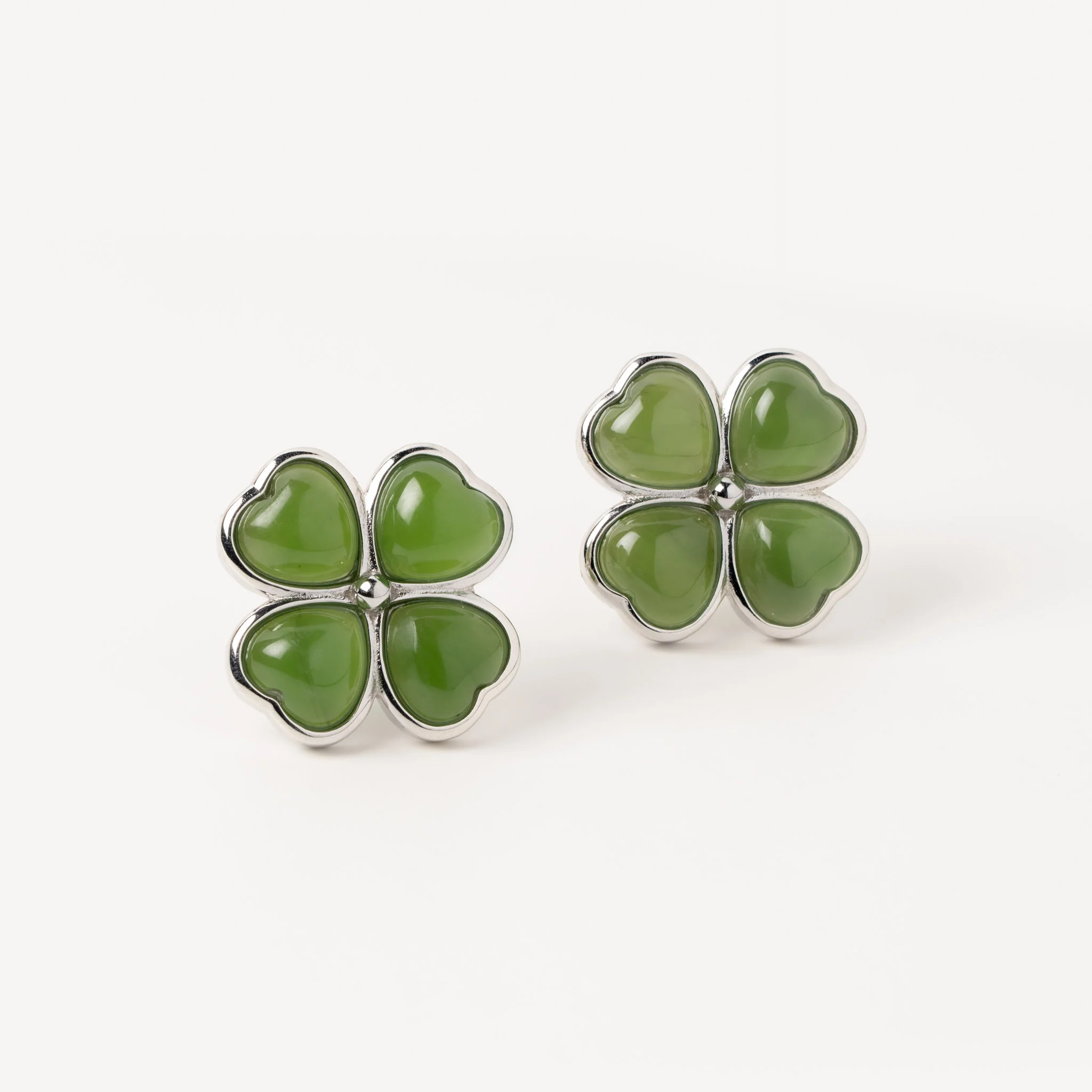 Jade Clover Charm Studs – Green Jade Clover Stud Earrings in Sterling Silver - Image 4