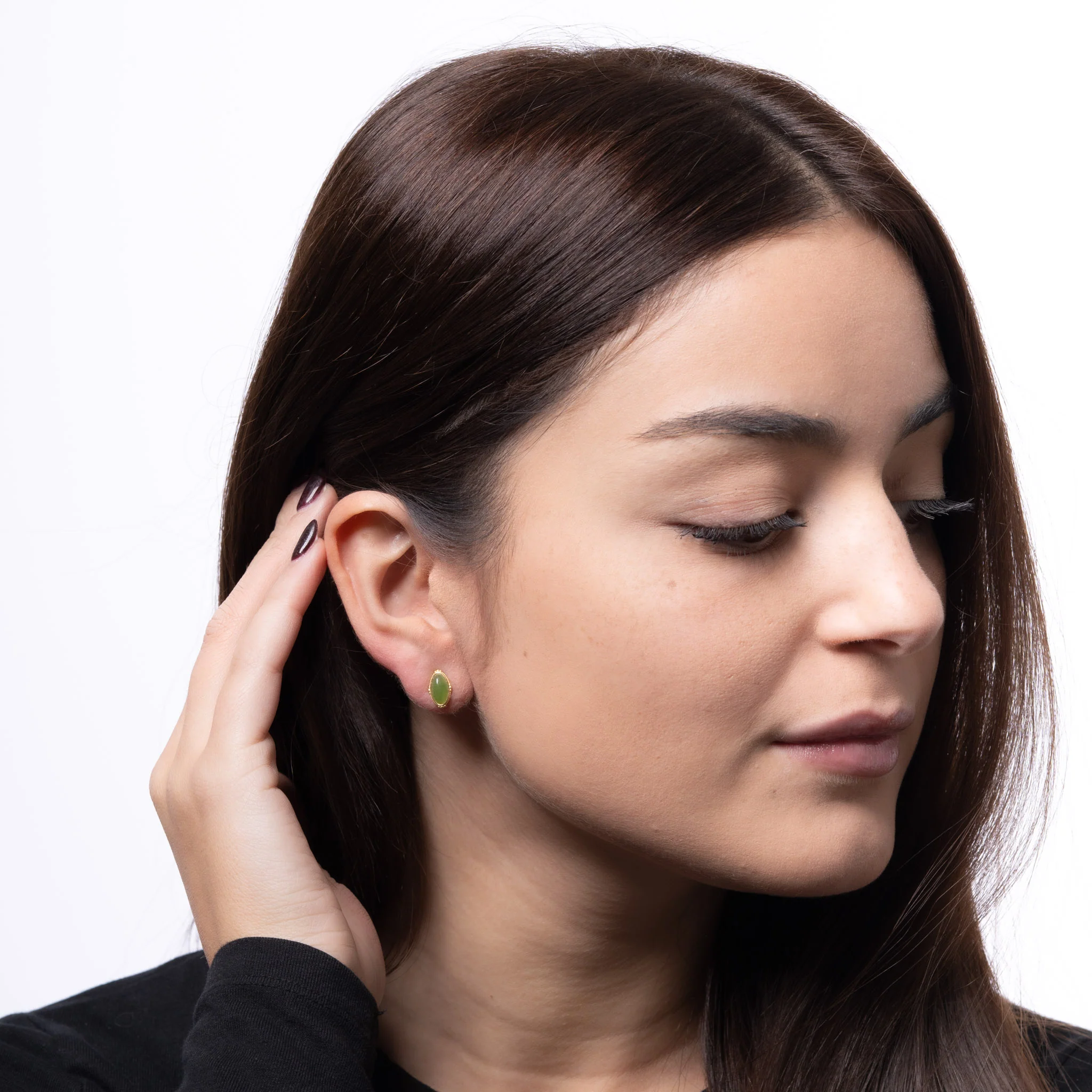 Jade Petal – Marquise Green Jade Stud Earrings in Gold Plated Sterling Silver - Image 4