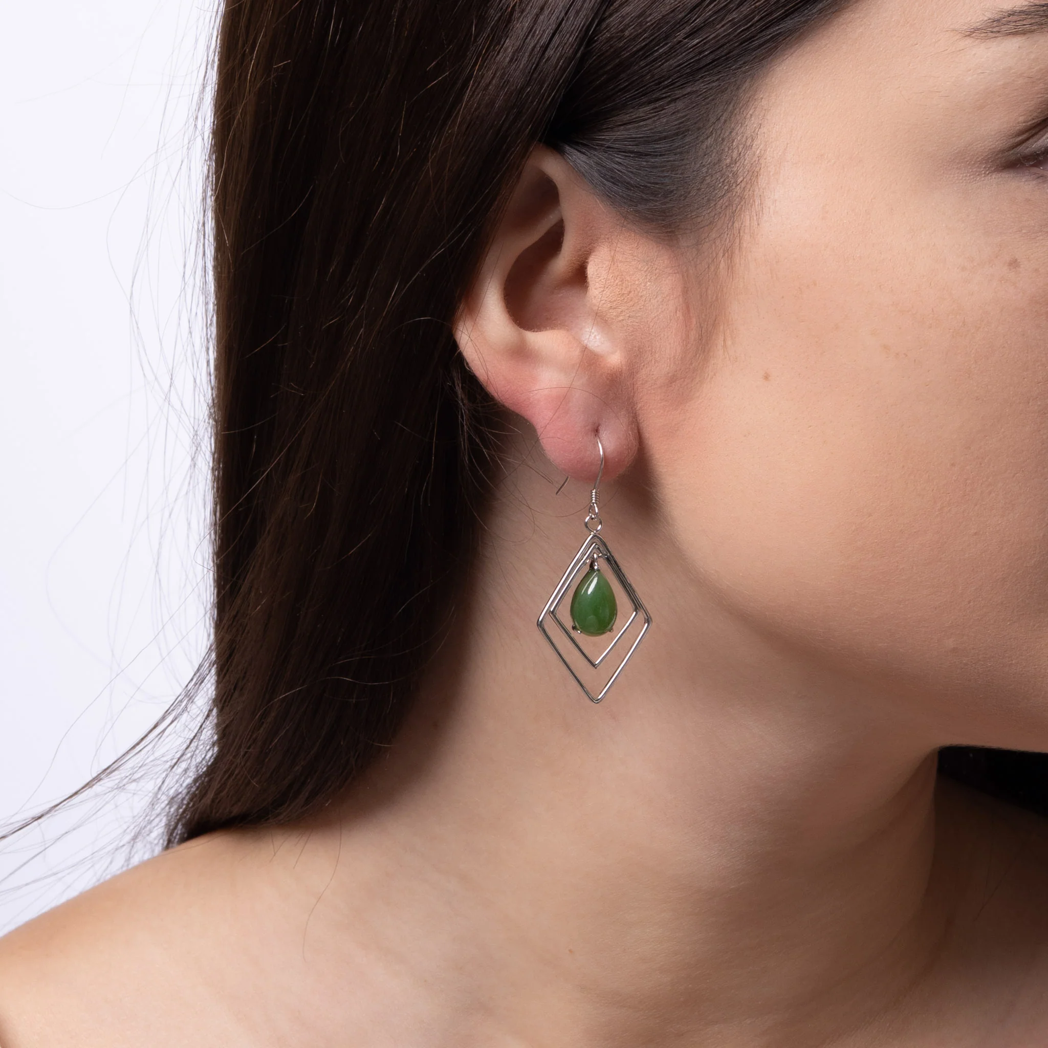 Jade Prism – Green Jade Teardrop Earrings with Double Diamond Frame in Sterling Silver - Image 2