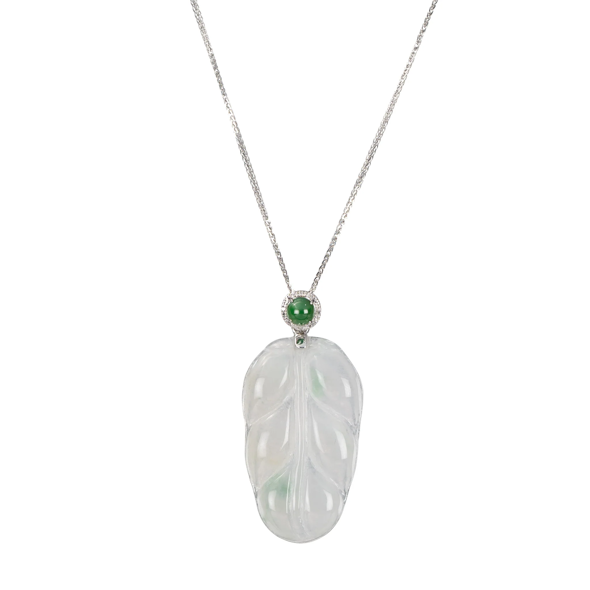Jadeite Leaf Pendant - 18K White Gold