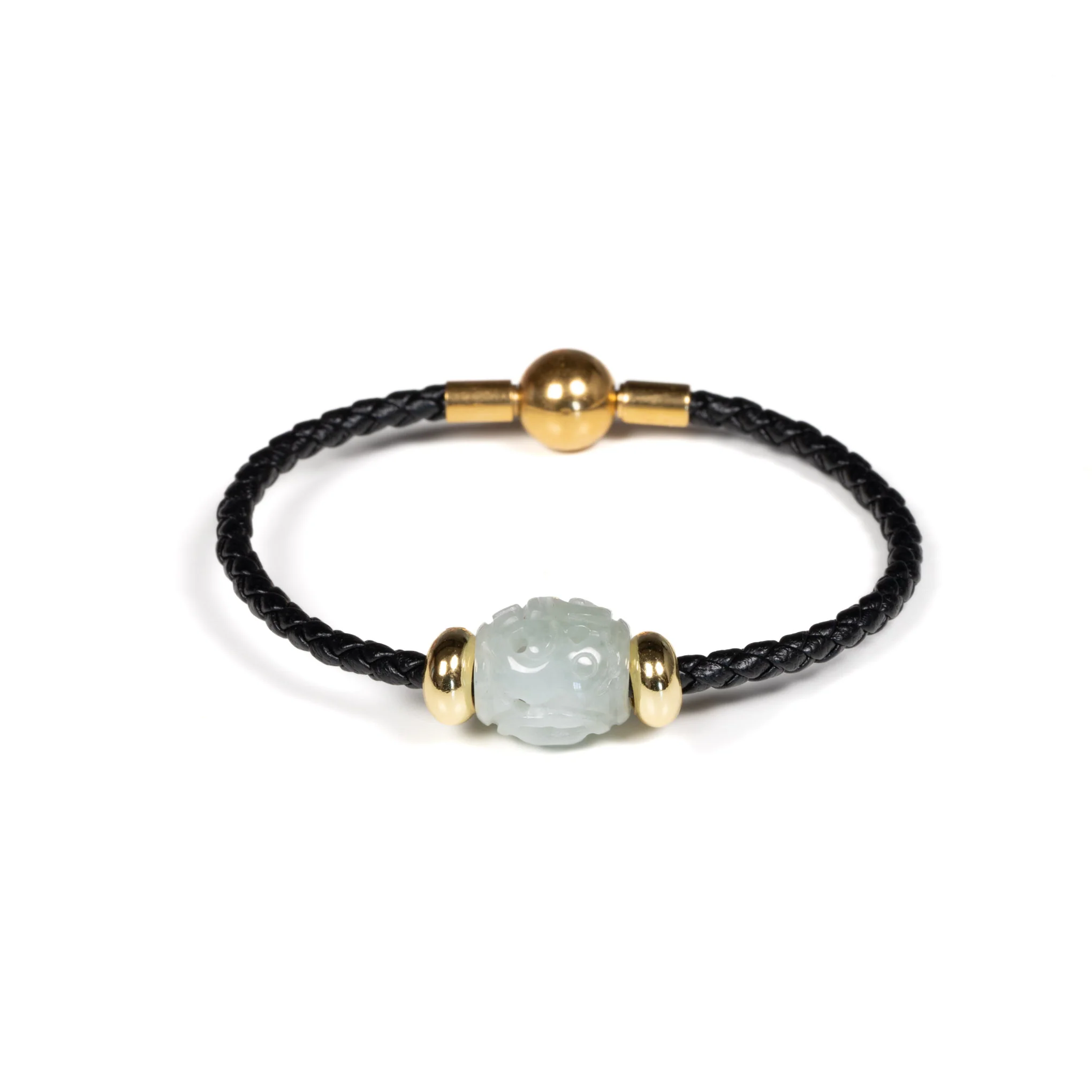Lene Leather Jade Bracelet - Carved Jade Barrel Bracelet - Image 2
