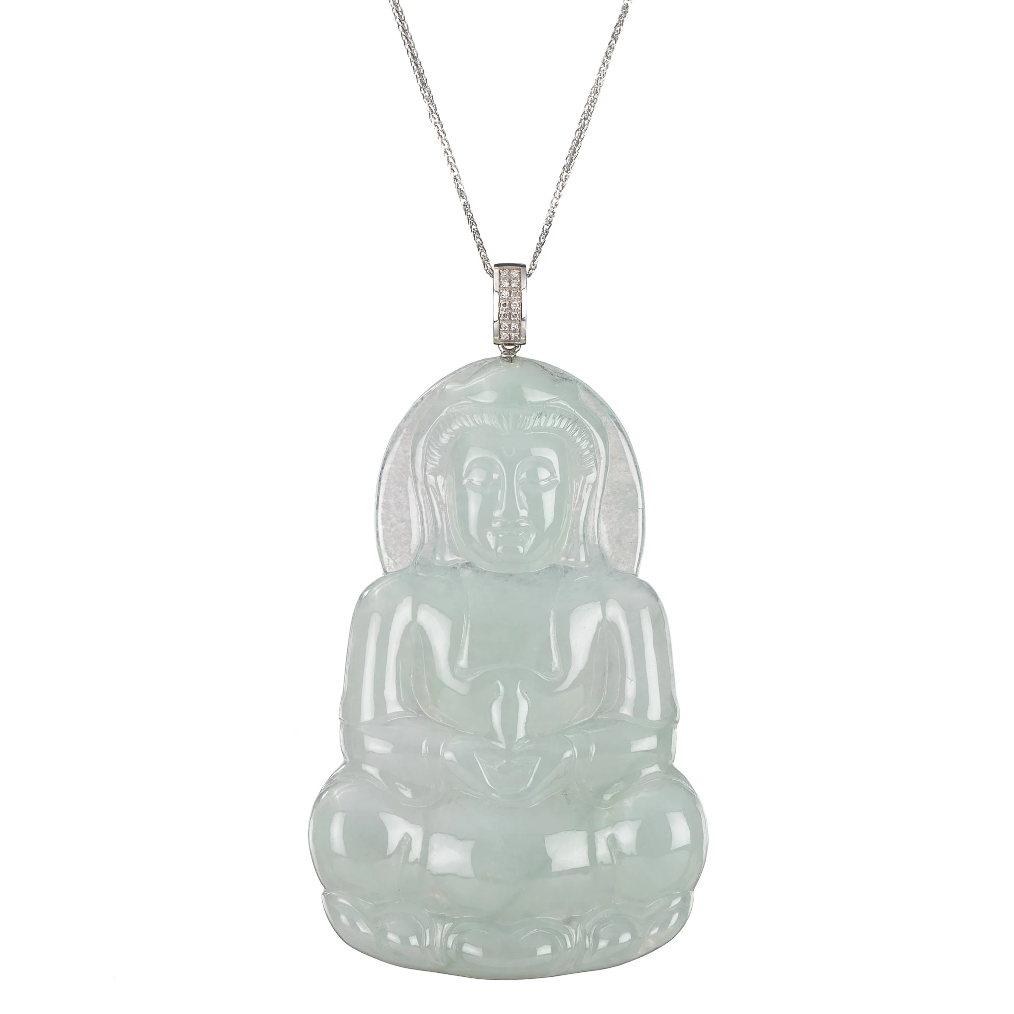 Pale Green GuanYin Jade Pendant with Diamonds