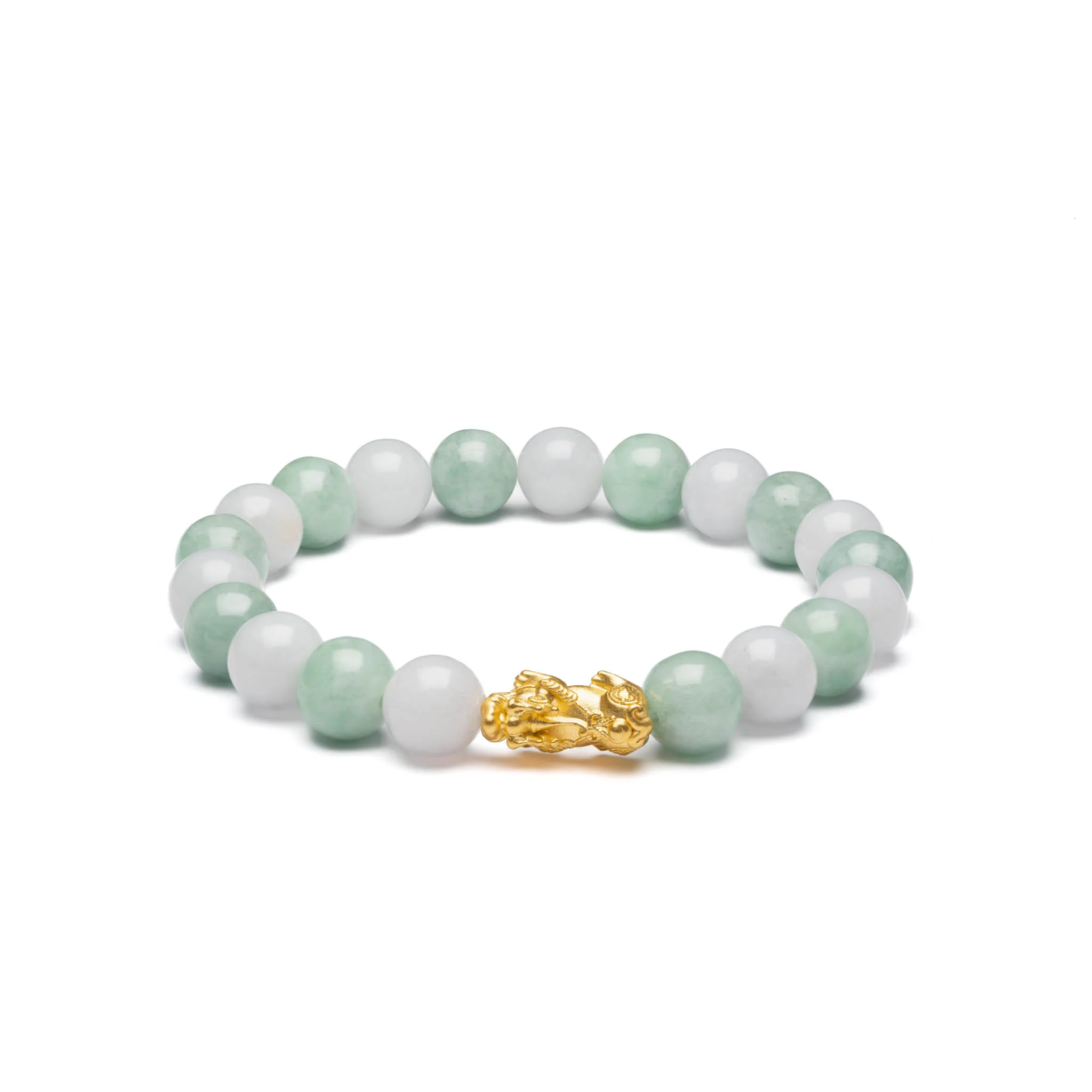 Light Green and White Jadeite Jade Bead Bracelet with 24K Gold Pixiu - Image 3