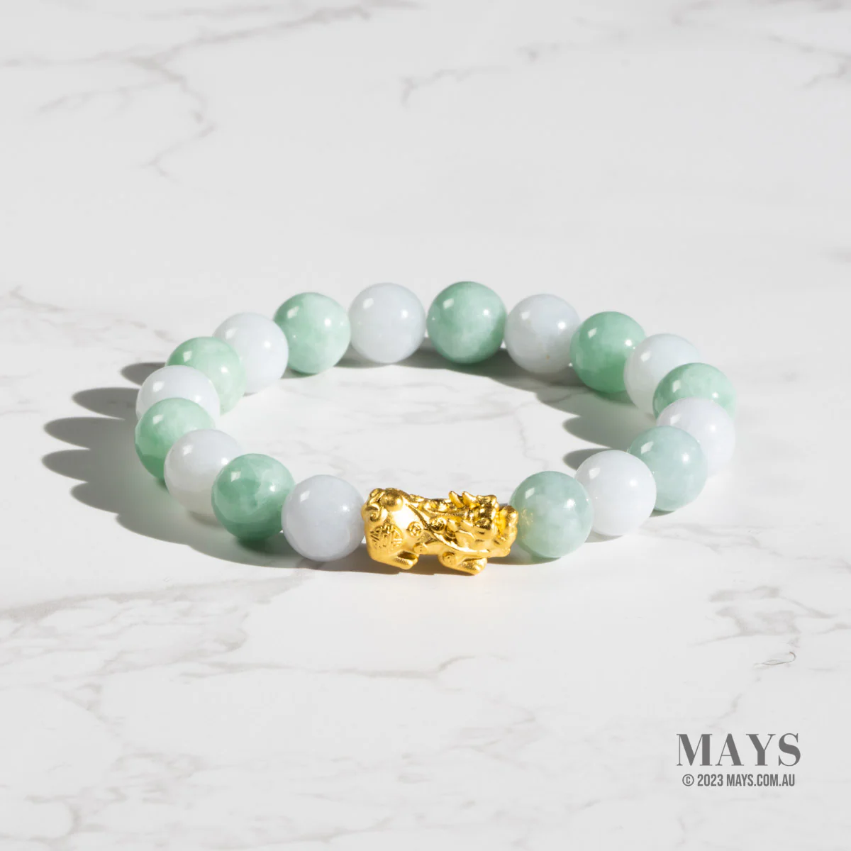 Light Green and White Jadeite Jade Bead Bracelet with 24K Gold Pixiu - Image 4
