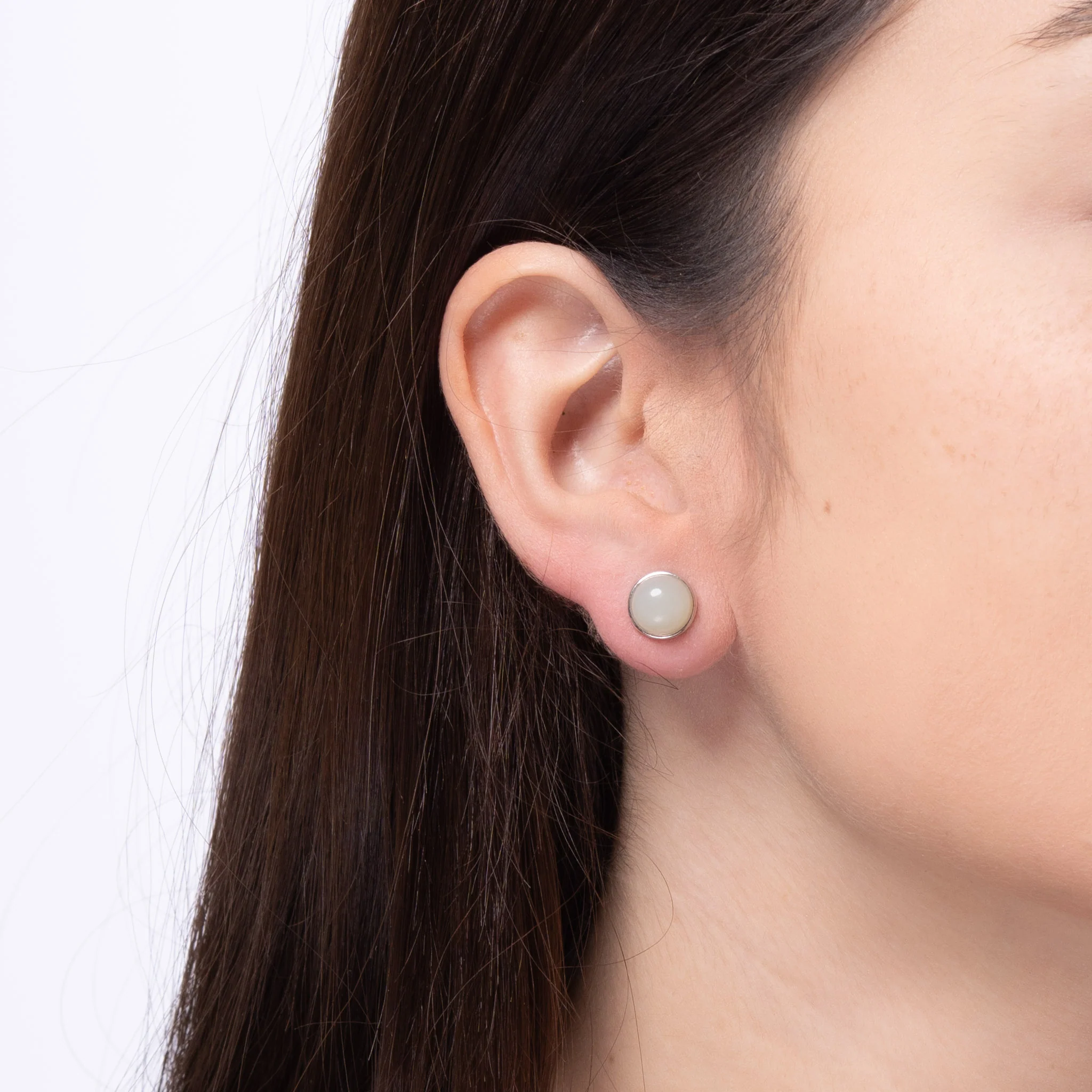 Luna – Minimalist White Jade Round Stud Earrings in Sterling Silver - Image 2