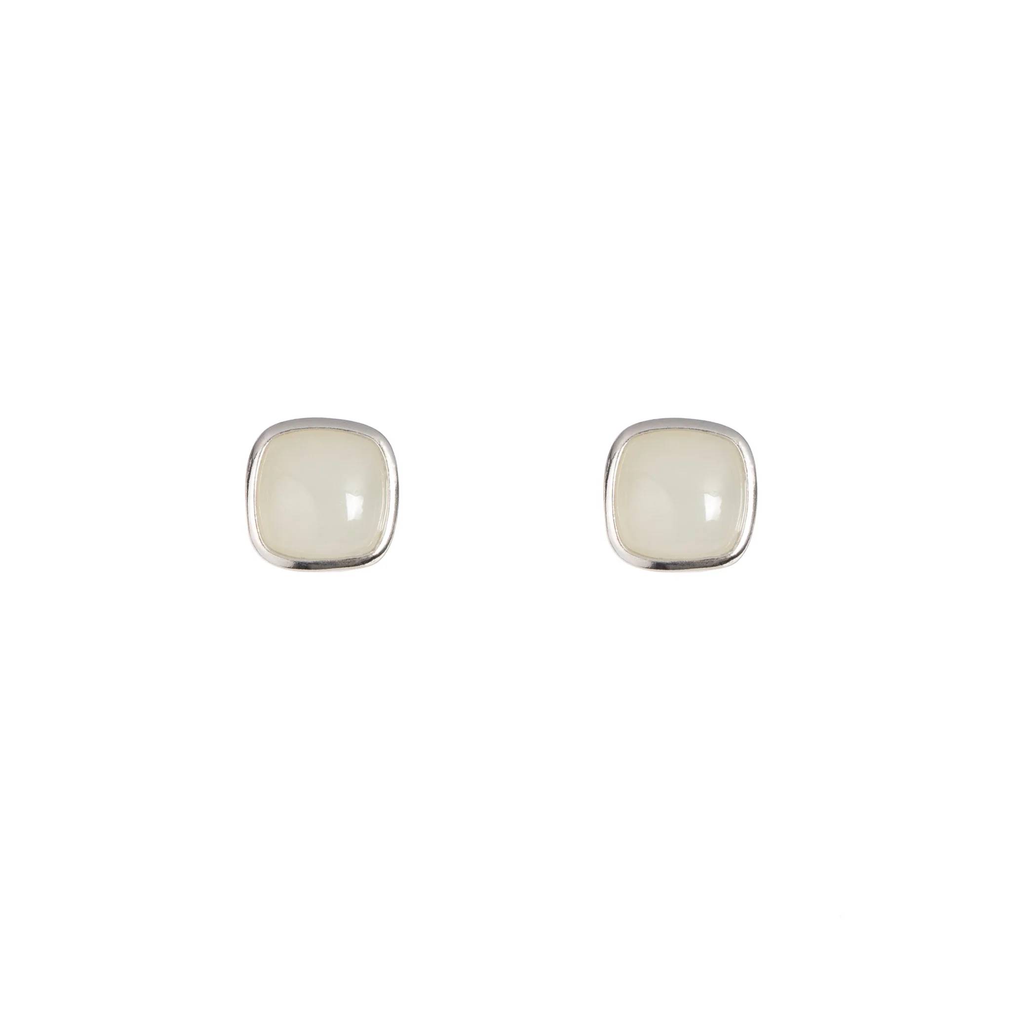 Lunar Mist Studs – White Nephrite Jade Cushion Earrings in Sterling Silver