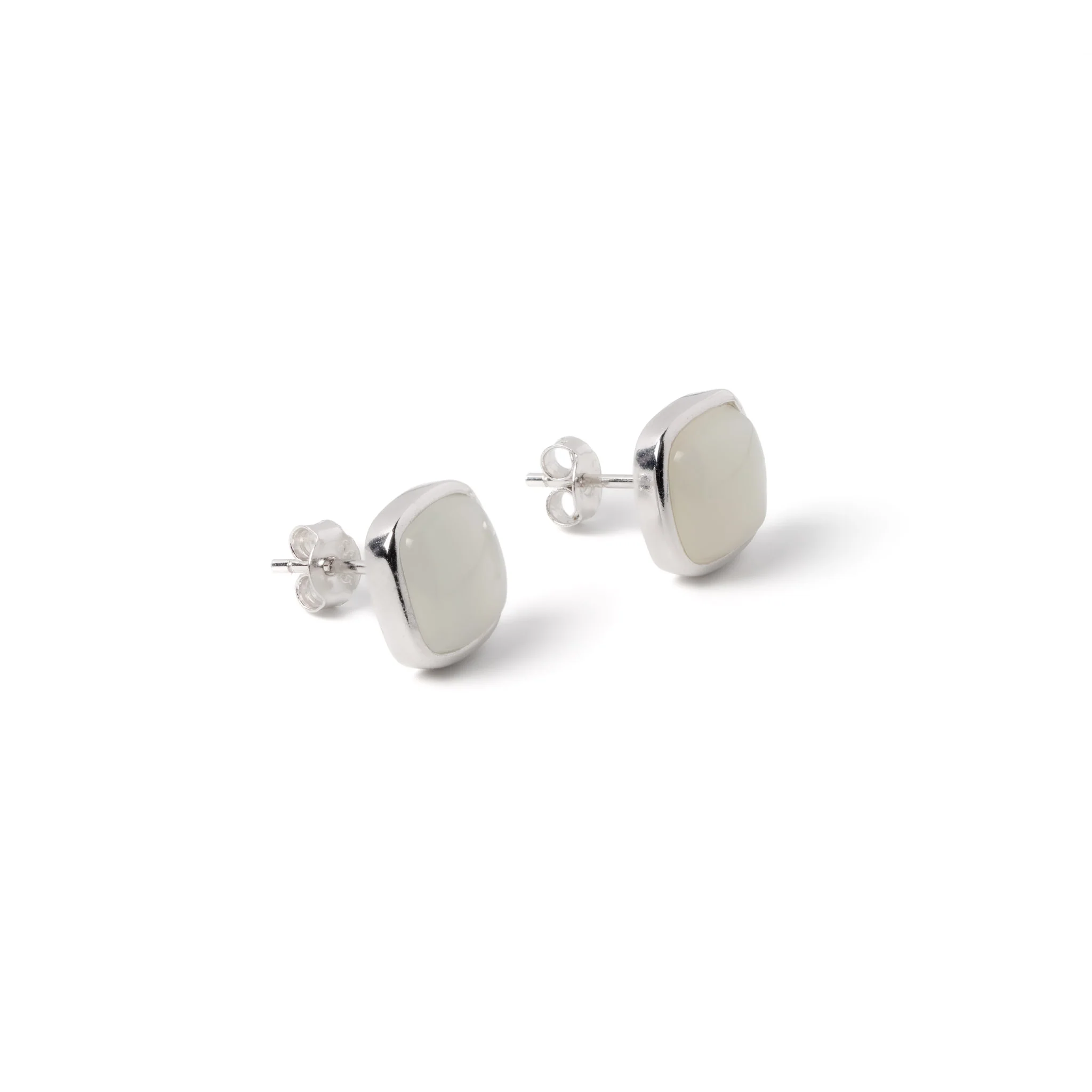 Lunar Mist Studs – White Nephrite Jade Cushion Earrings in Sterling Silver - Image 2