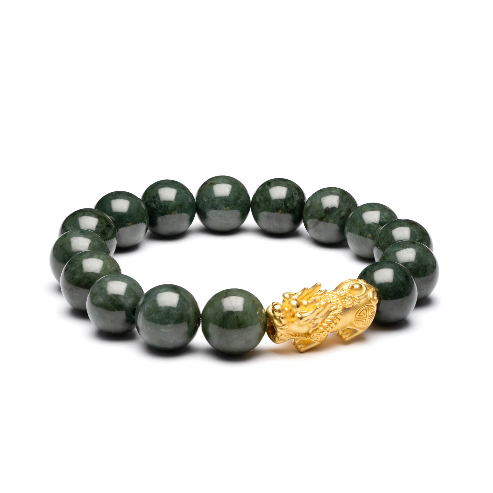 Mens Dark Green Jadeite Jade Bead Bracelet with 24K Gold Pixiu - Image 3