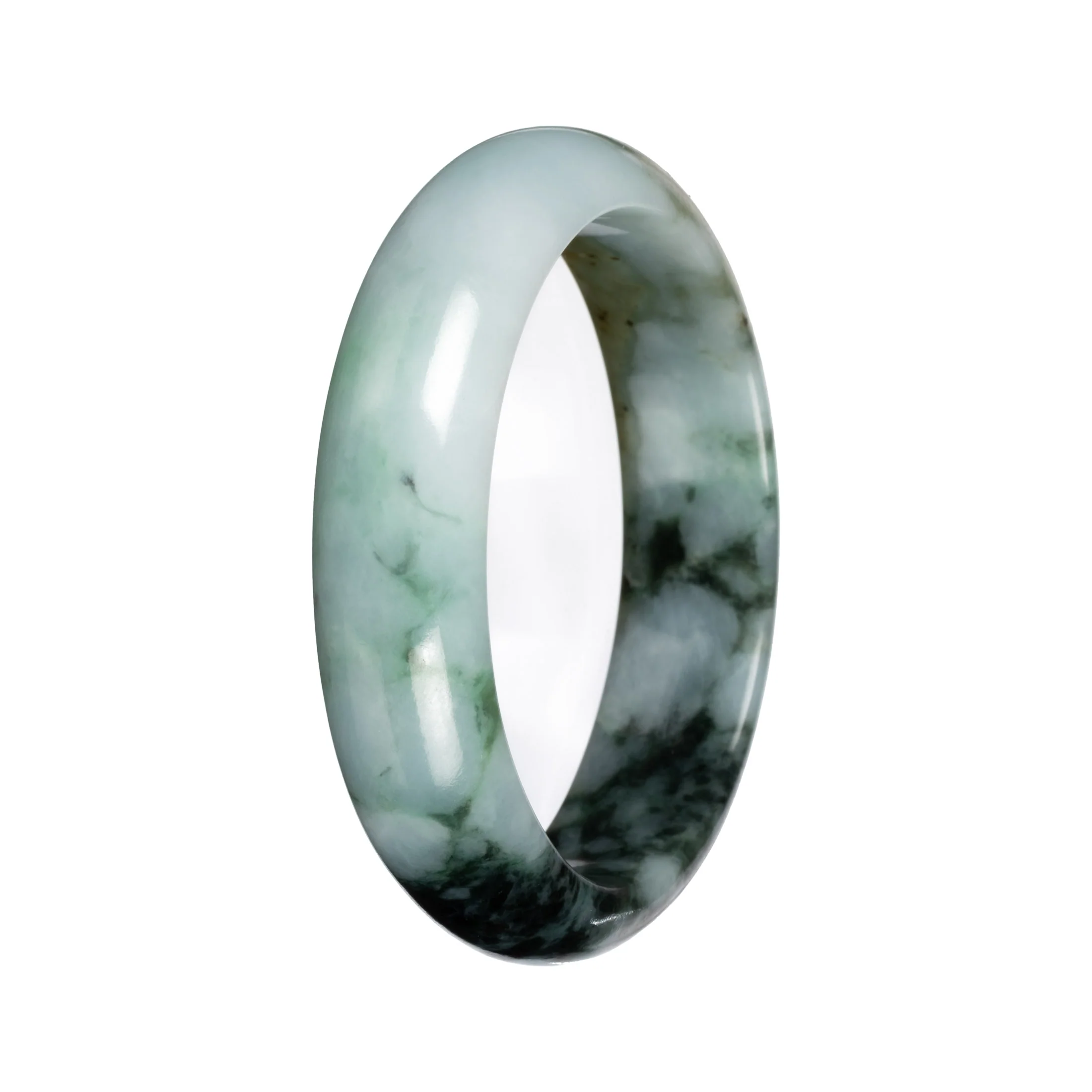 Natural Green with Deep Green Pattern and Olive Patch Jade Bangle - 53mm Half Moon - Image 2