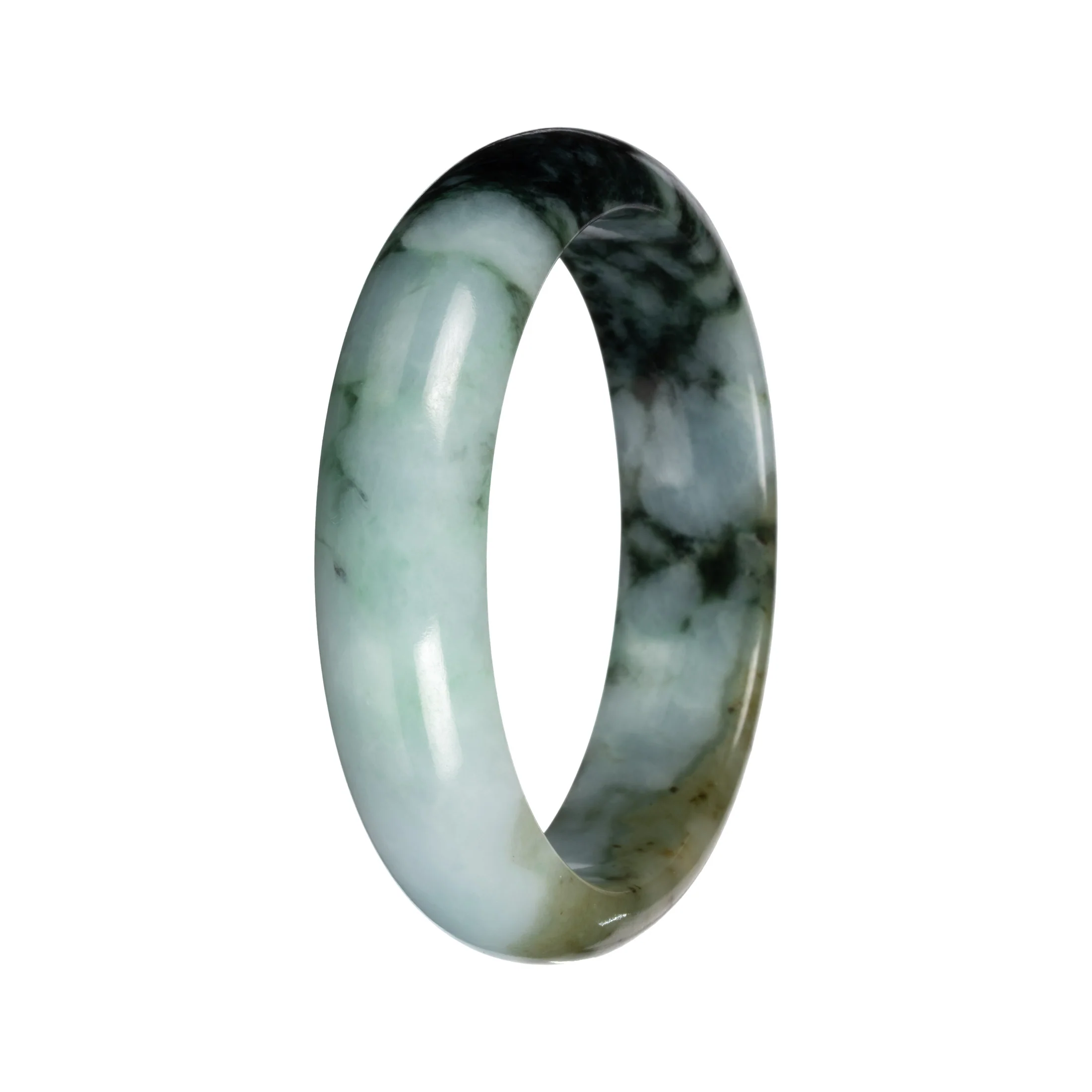 Natural Green with Deep Green Pattern and Olive Patch Jade Bangle - 53mm Half Moon - Image 3