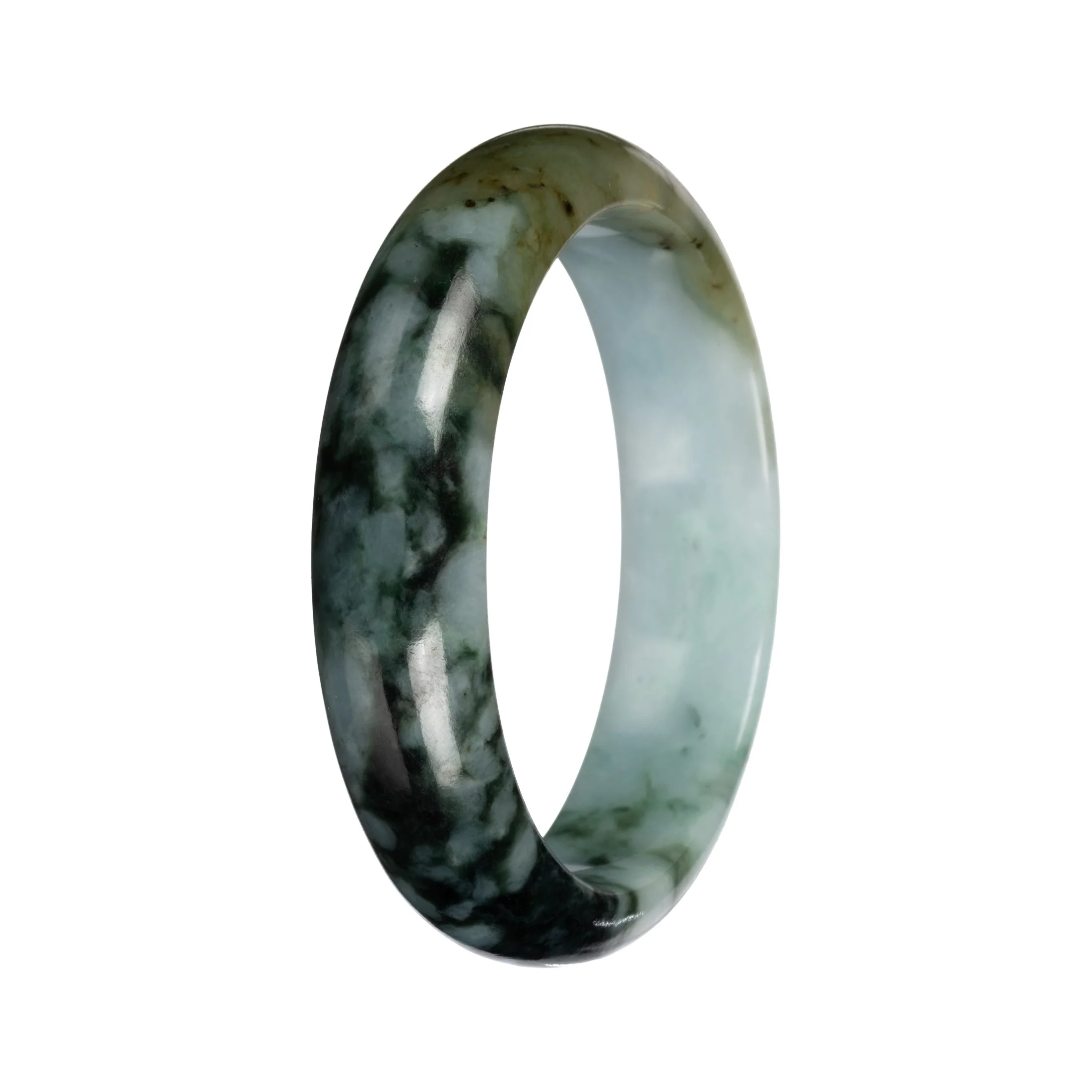 Natural Green with Deep Green Pattern and Olive Patch Jade Bangle - 53mm Half Moon - Image 4