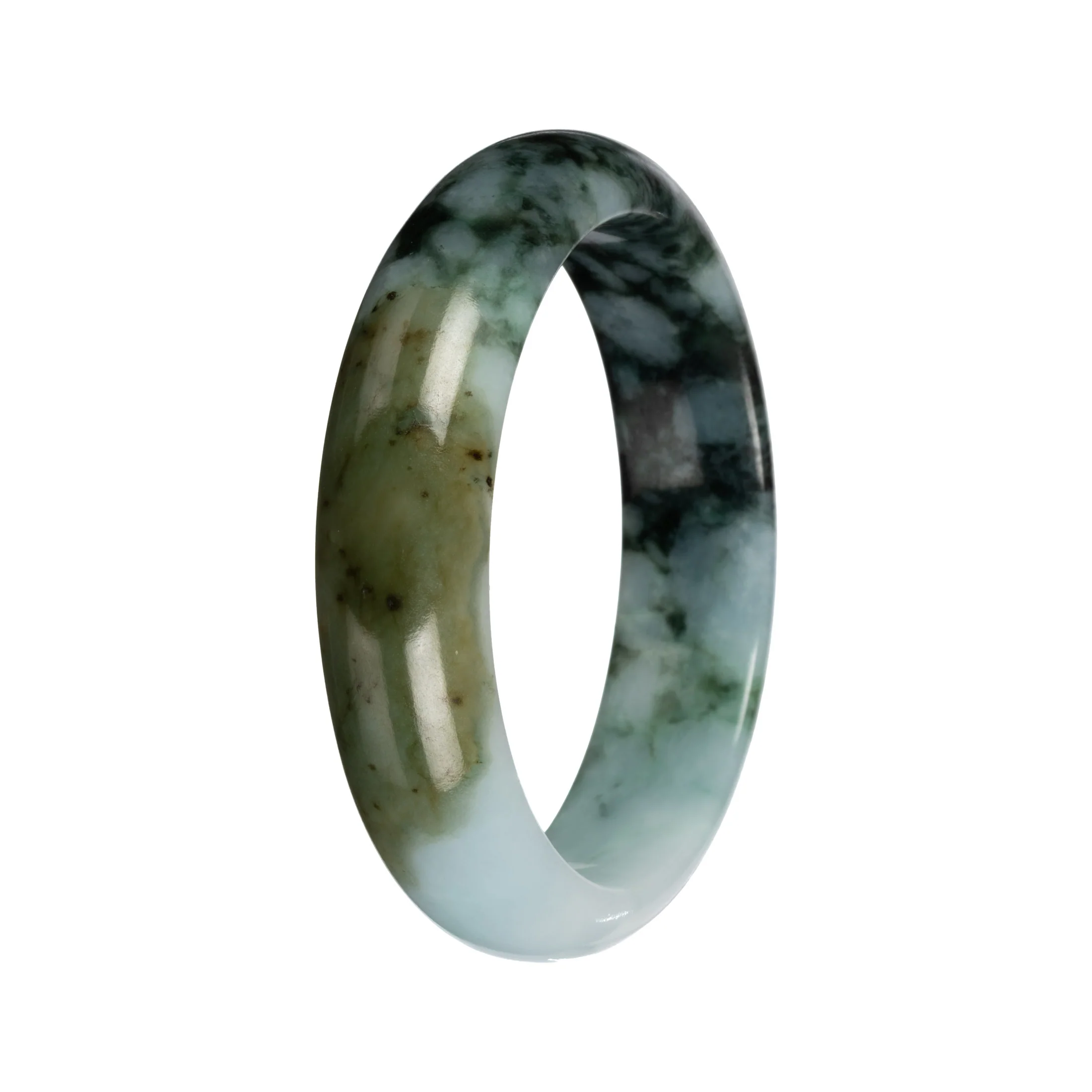 Natural Green with Deep Green Pattern and Olive Patch Jade Bangle - 53mm Half Moon - Image 5