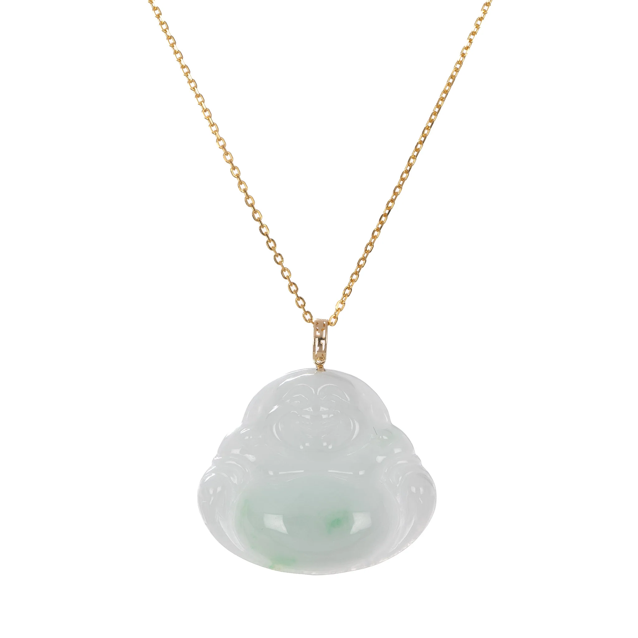 Natural Laughing Buddha Jade Pendant - 18K Yellow Gold