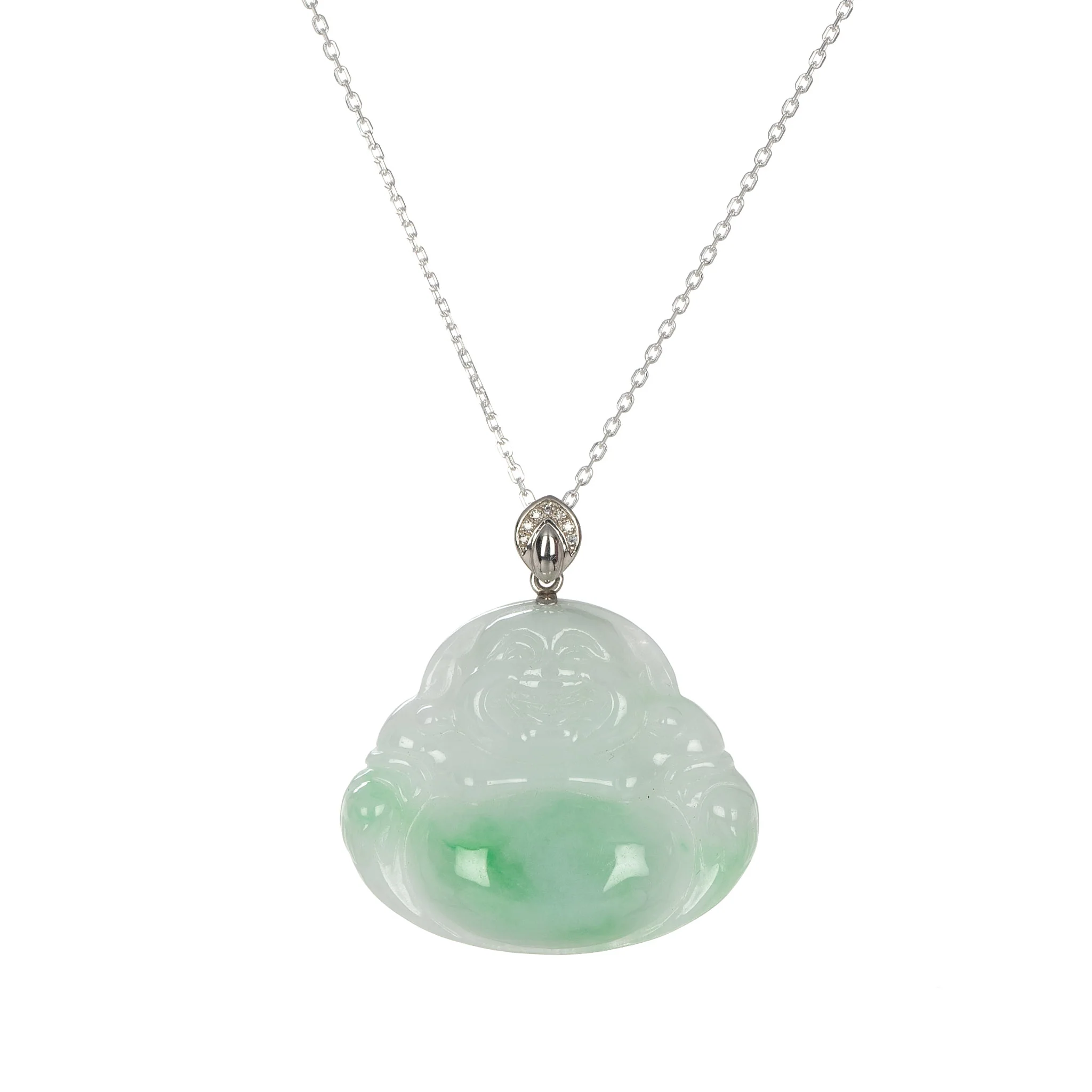 Natural Lucky Buddha Jade Pendant - 18K White Gold