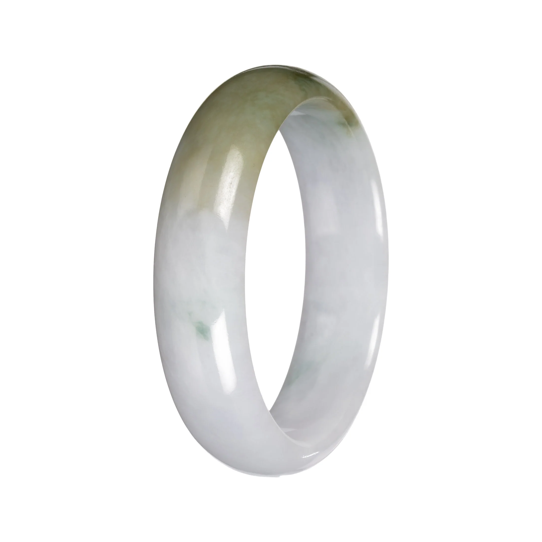 Natural White with Olive Green Pattern Traditional Jade Bangle Bracelet - 56mm Half Moon