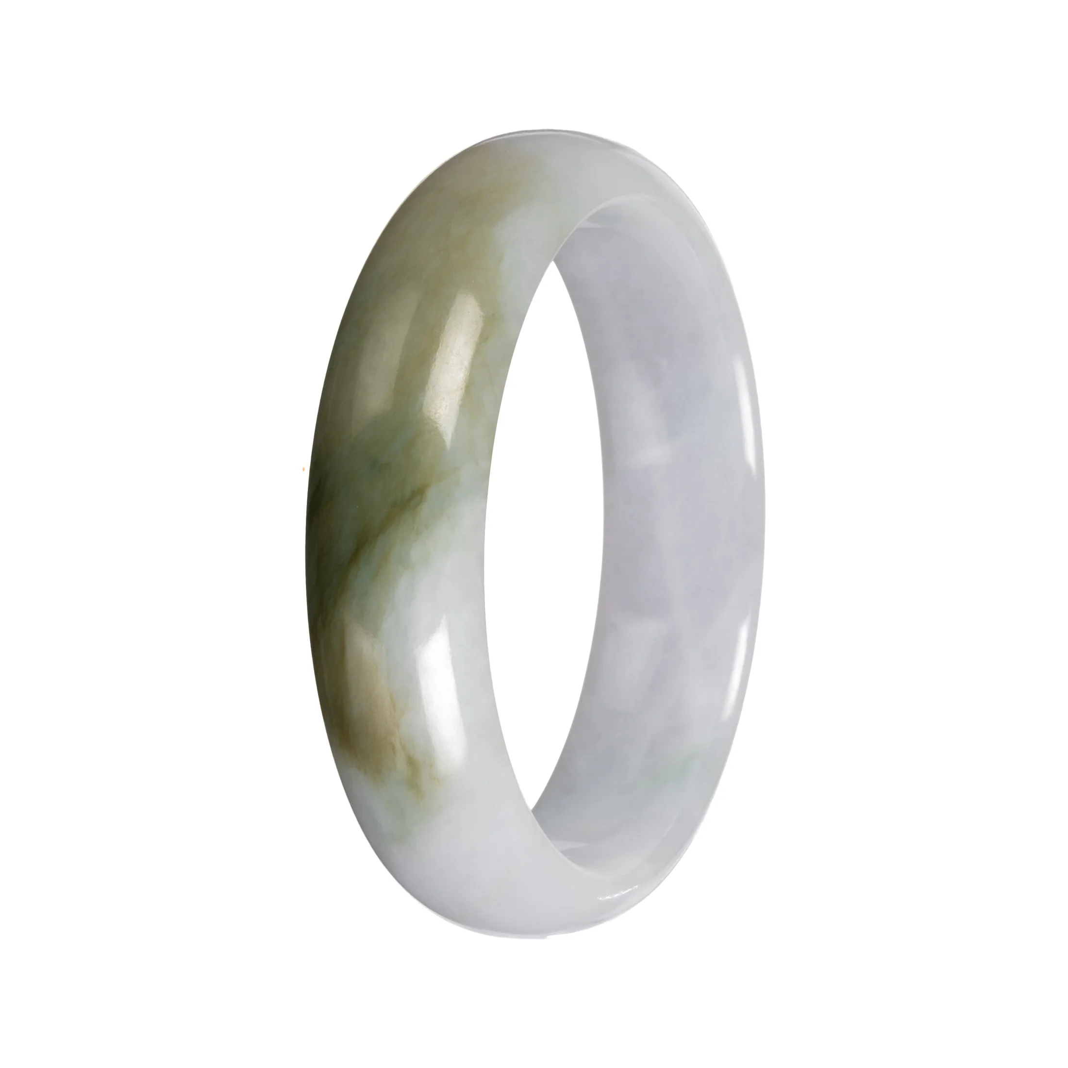 Natural White with Olive Green Pattern Traditional Jade Bangle Bracelet - 56mm Half Moon - Image 2