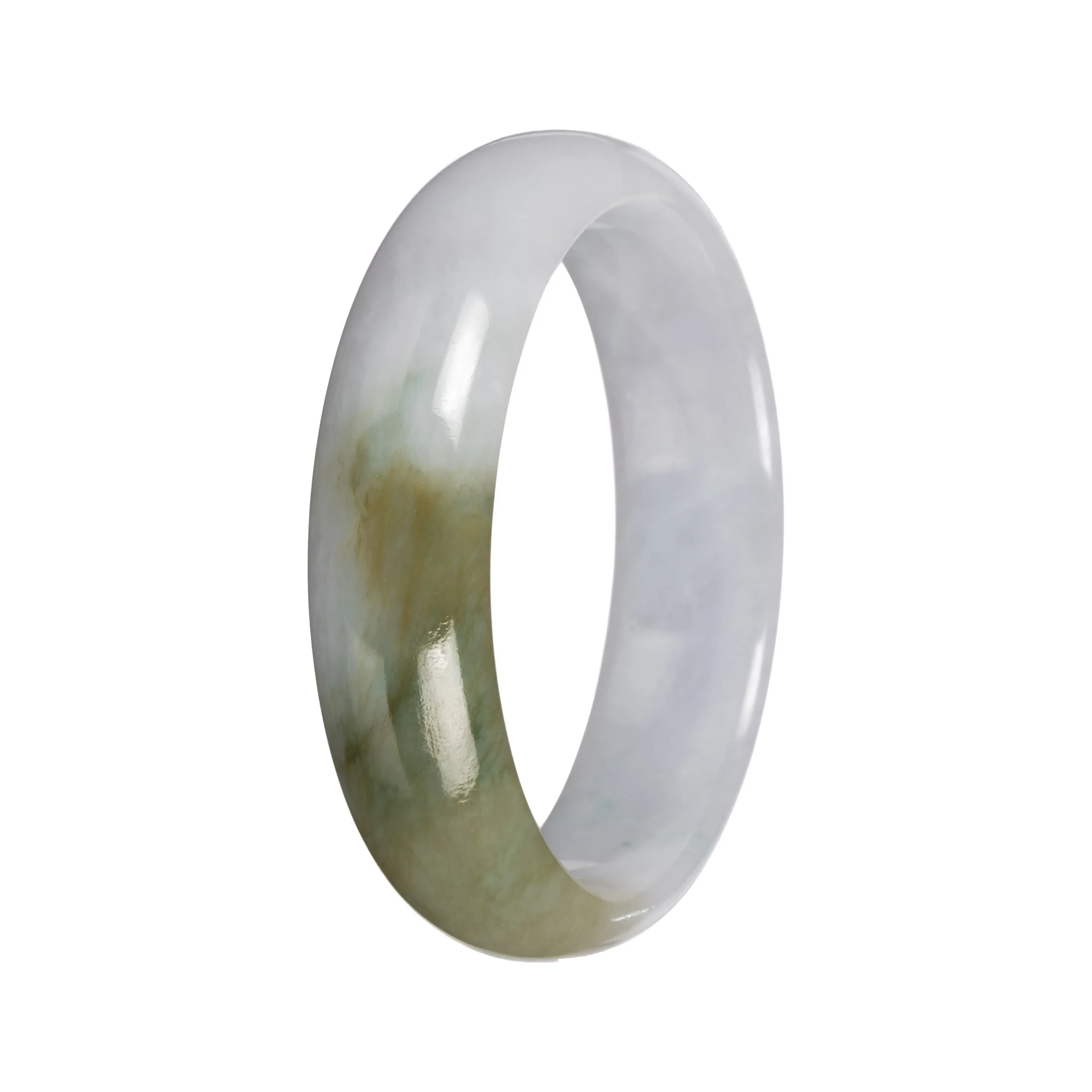 Natural White with Olive Green Pattern Traditional Jade Bangle Bracelet - 56mm Half Moon - Image 3
