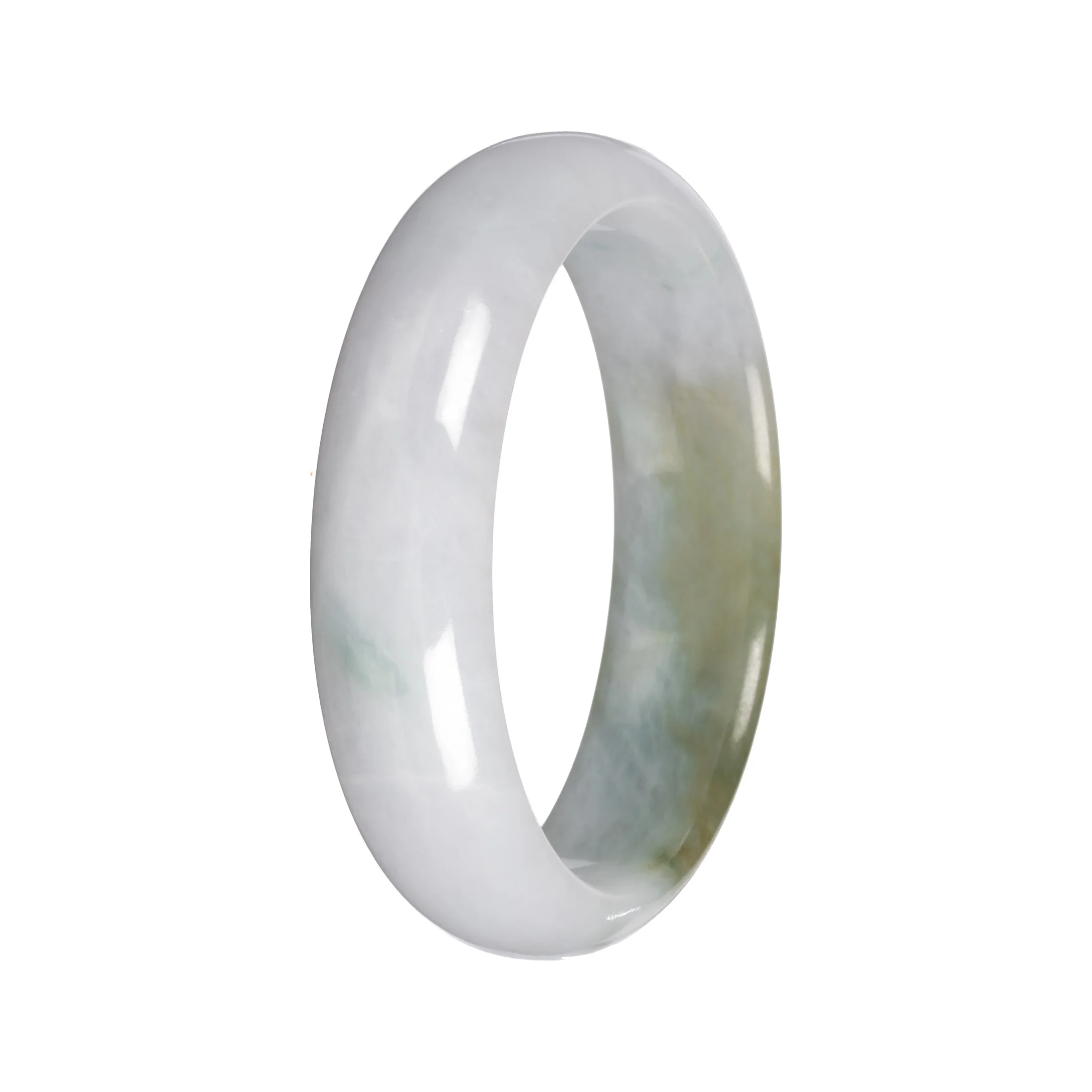 Natural White with Olive Green Pattern Traditional Jade Bangle Bracelet - 56mm Half Moon - Image 5