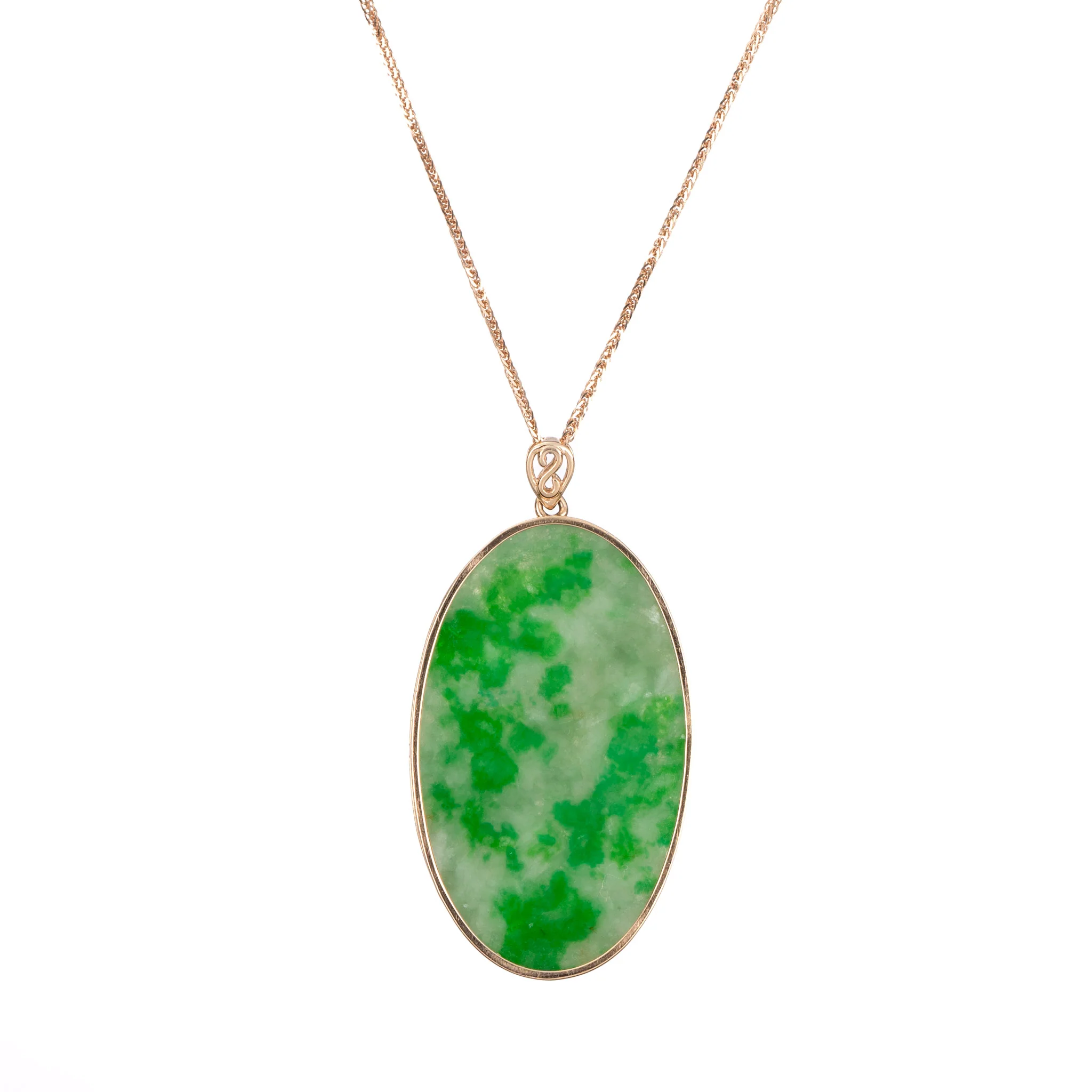 Oval Jade Pendant with Mottled Emerald Green Jadeite - Floral Frame